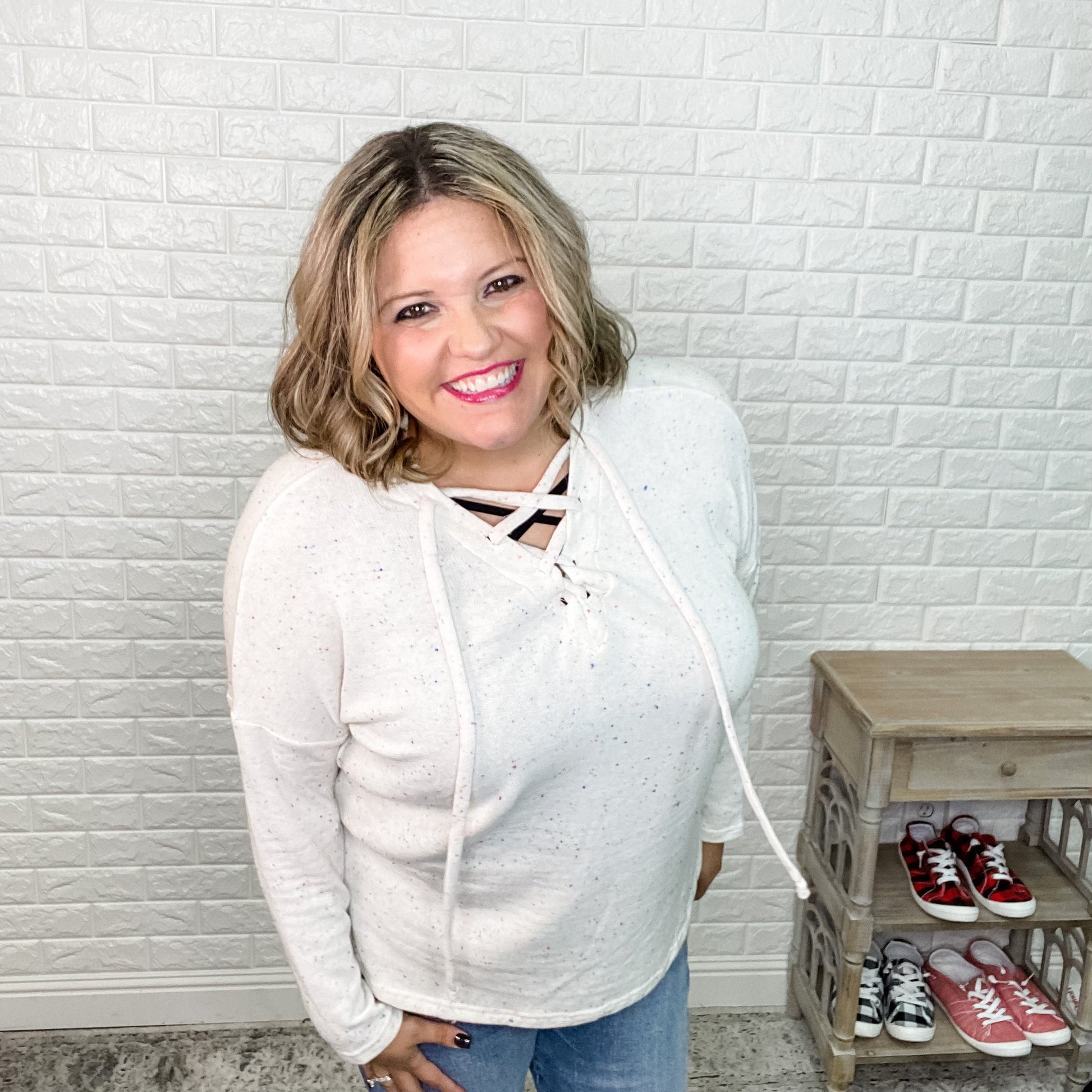 "Nikki" Rainbow Confetti Lace Up Front Long Sleeve with Side Slits