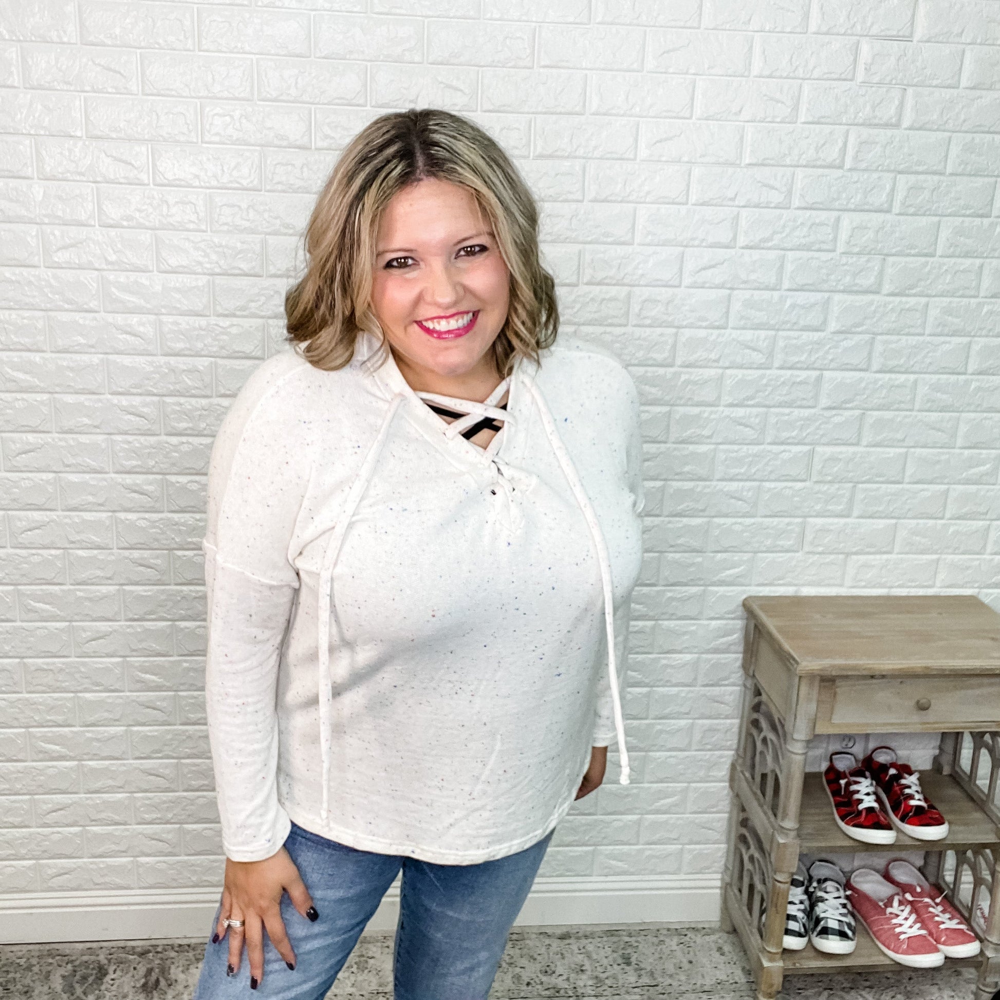 "Nikki" Rainbow Confetti Lace Up Front Long Sleeve with Side Slits