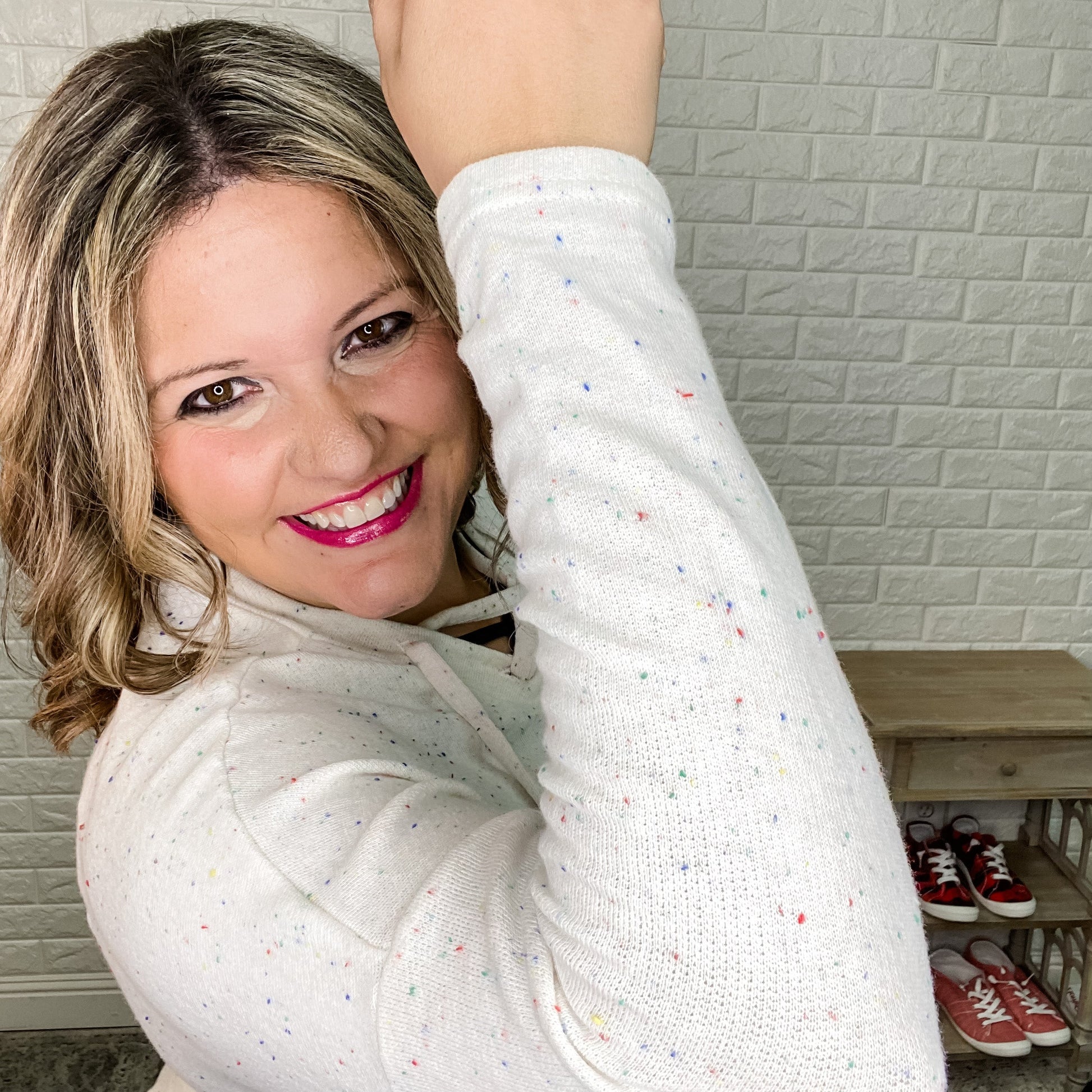 "Nikki" Rainbow Confetti Lace Up Front Long Sleeve with Side Slits