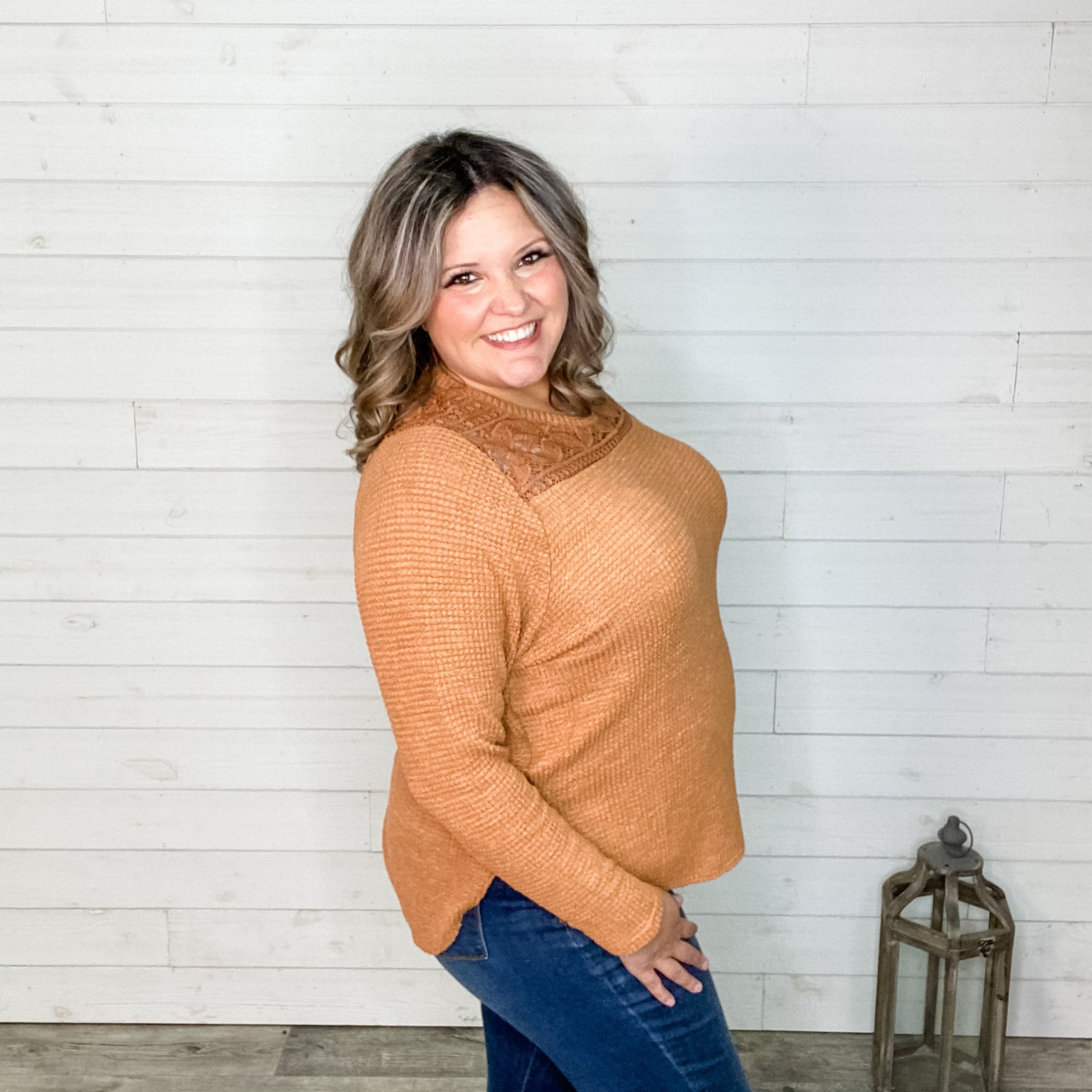 "Nissa" Long Sleeve Waffle Texture with Lace Detail Top