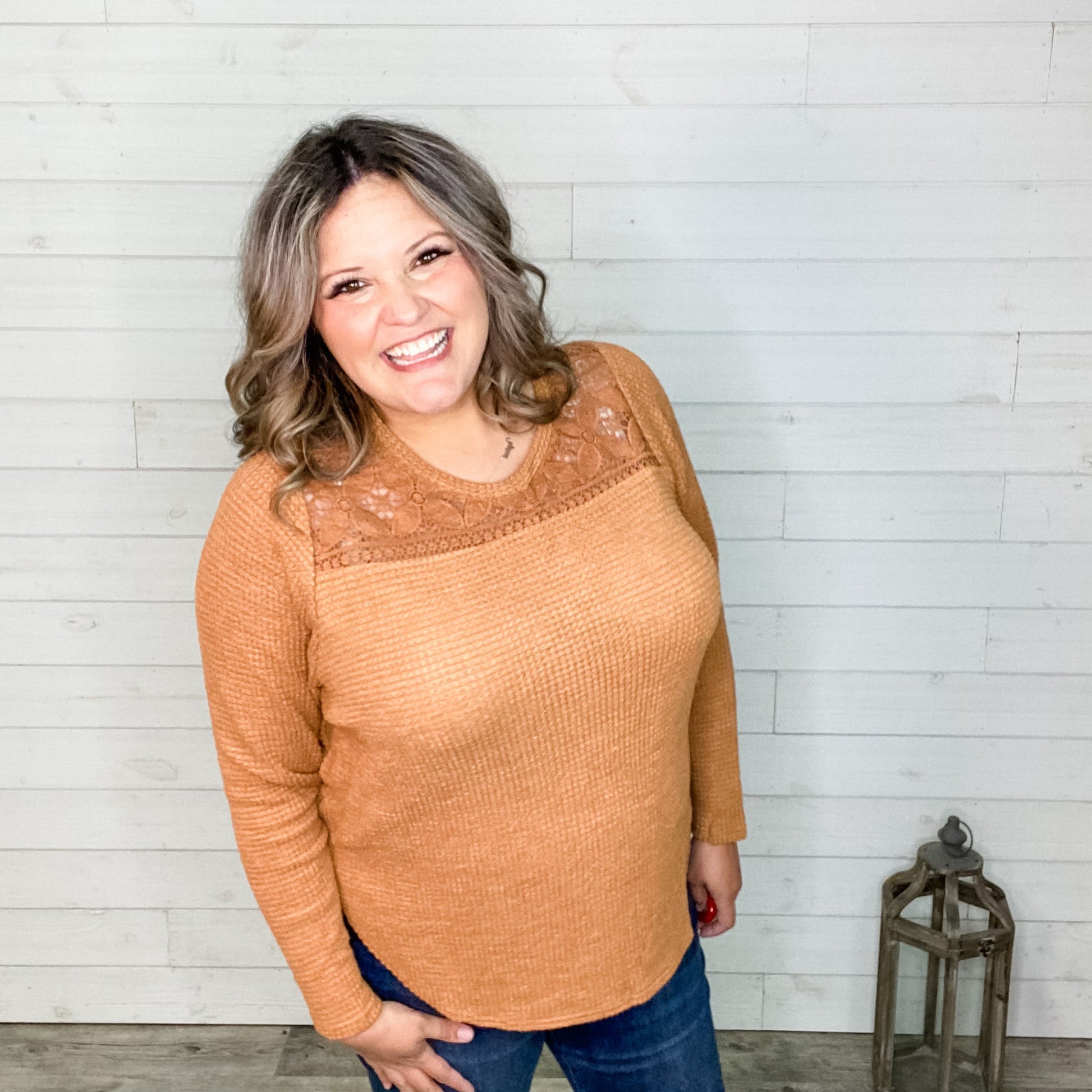 "Nissa" Long Sleeve Waffle Texture with Lace Detail Top