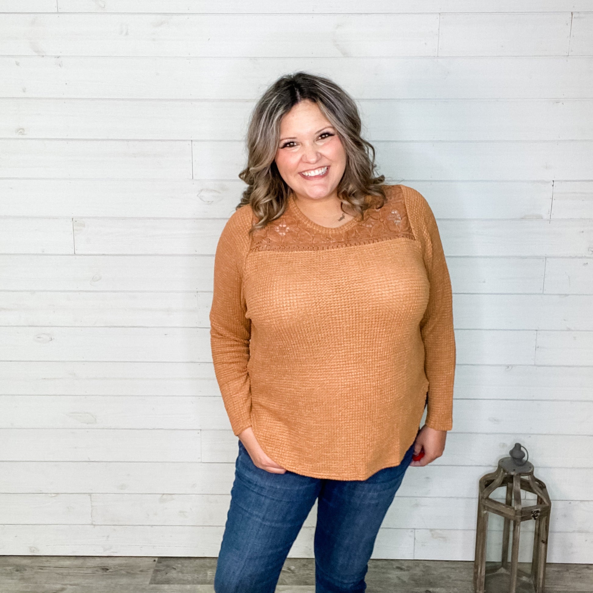 "Nissa" Long Sleeve Waffle Texture with Lace Detail Top