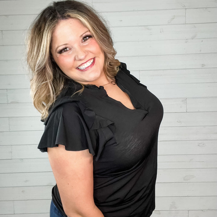 "No Doubt" Double Ruffle Cap Sleeve and Collar Split Neck (Black)