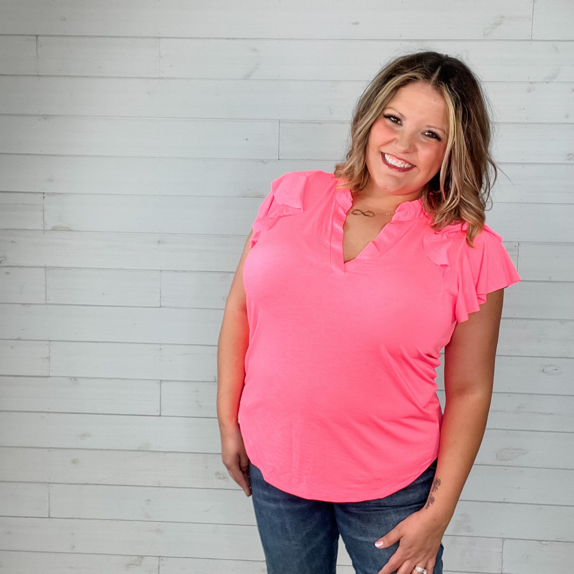 "No Doubt" Double Ruffle Cap Sleeve and Collar Split Neck (Neon Pink)