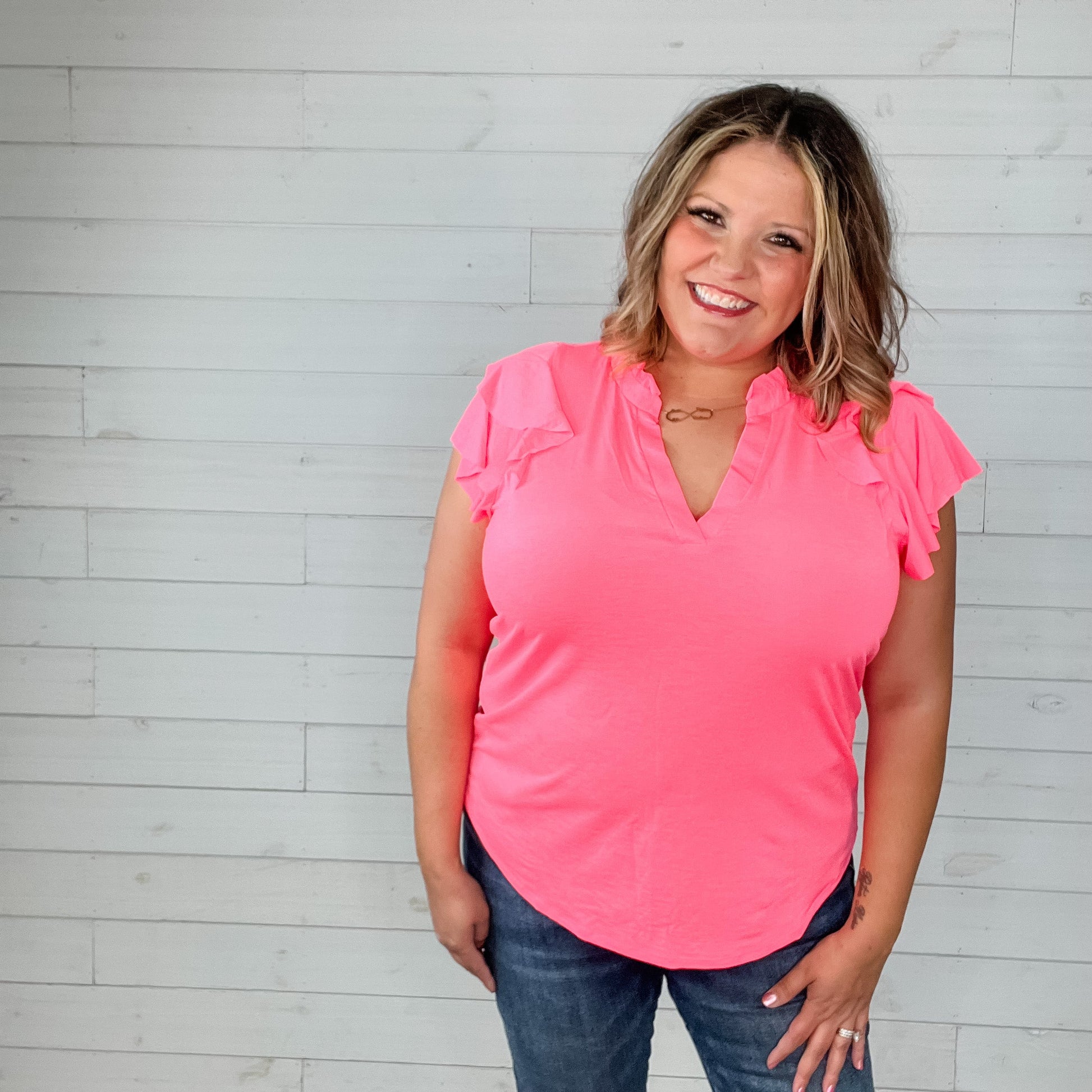 "No Doubt" Double Ruffle Cap Sleeve and Collar Split Neck (Neon Pink)