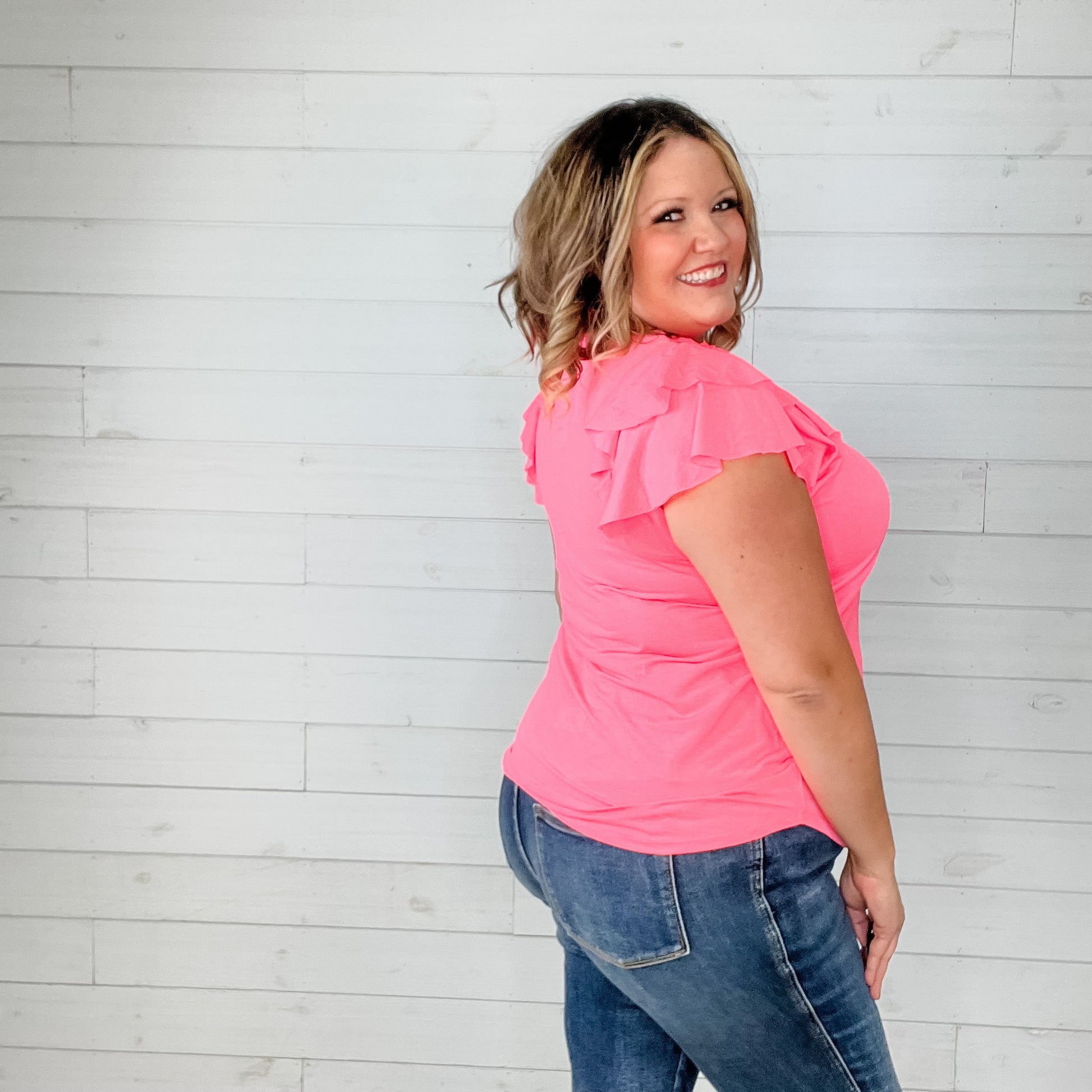 "No Doubt" Double Ruffle Cap Sleeve and Collar Split Neck (Neon Pink)