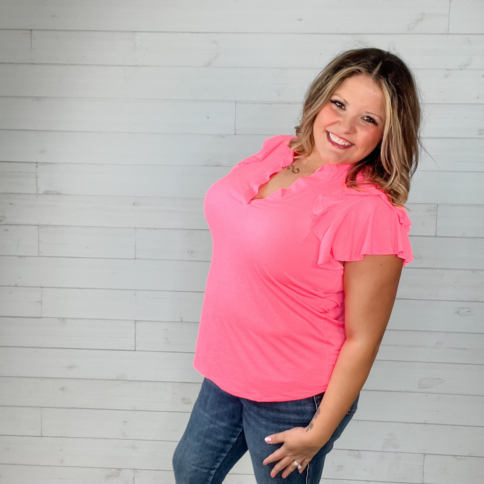 "No Doubt" Double Ruffle Cap Sleeve and Collar Split Neck (Neon Pink)