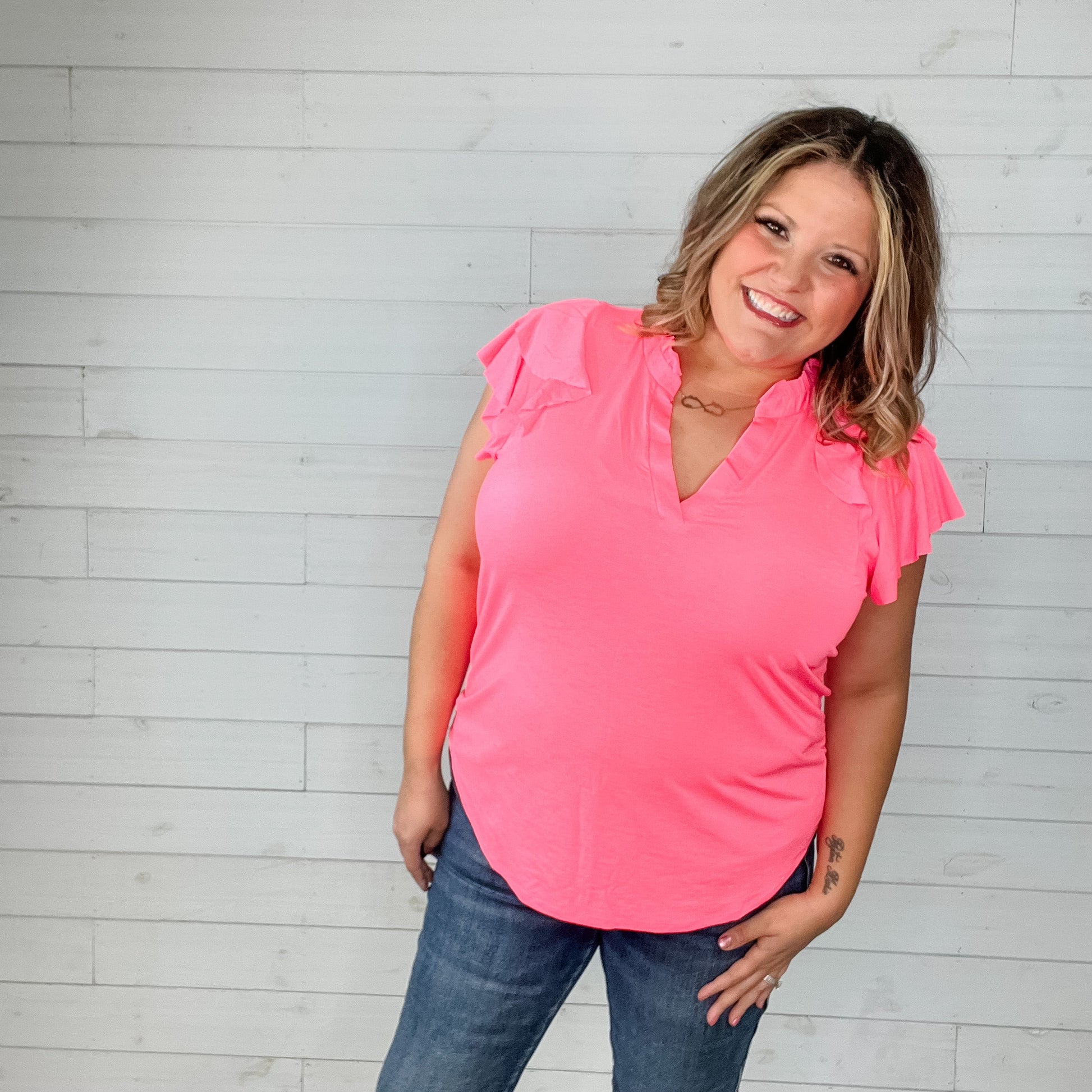 "No Doubt" Double Ruffle Cap Sleeve and Collar Split Neck (Neon Pink)