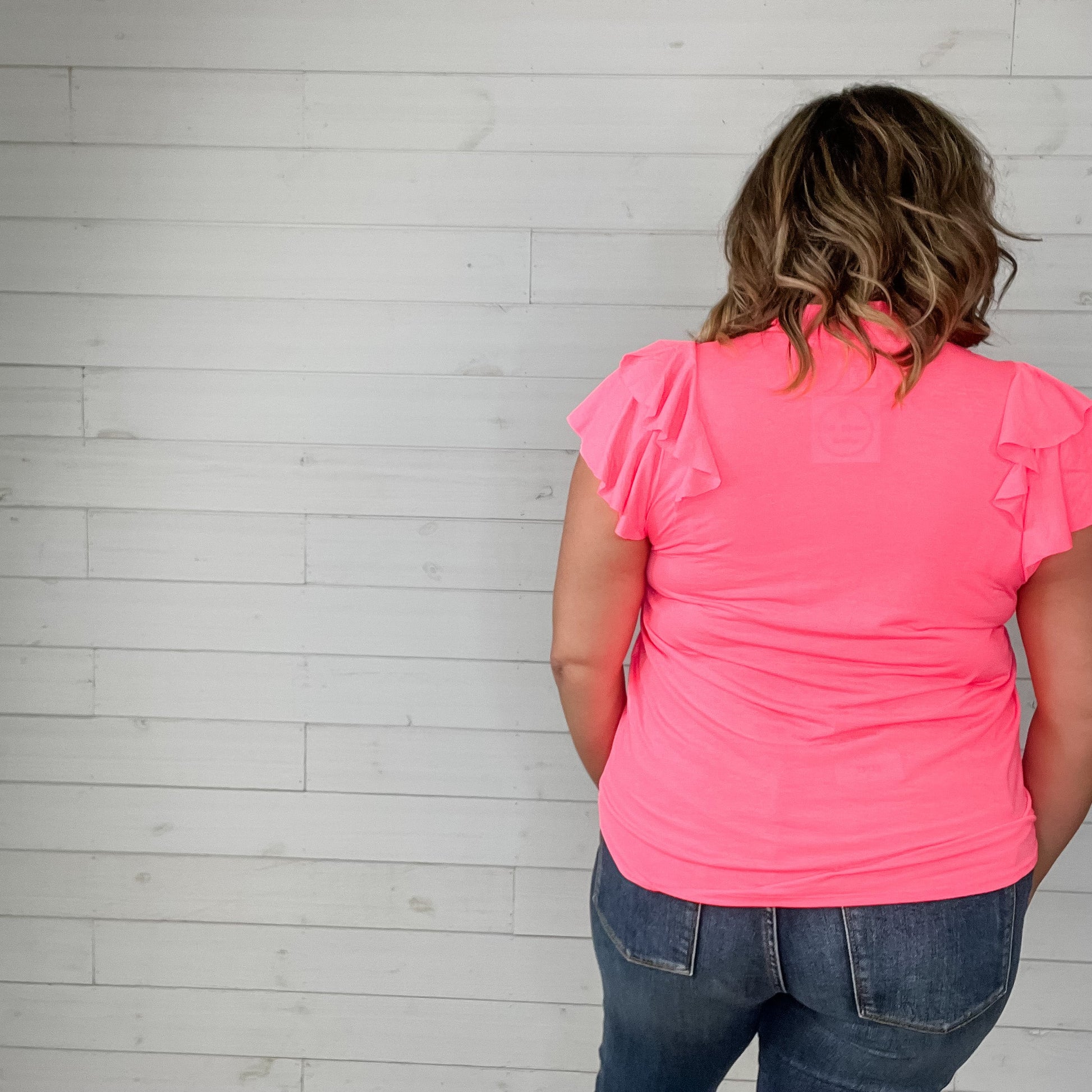 "No Doubt" Double Ruffle Cap Sleeve and Collar Split Neck (Neon Pink)