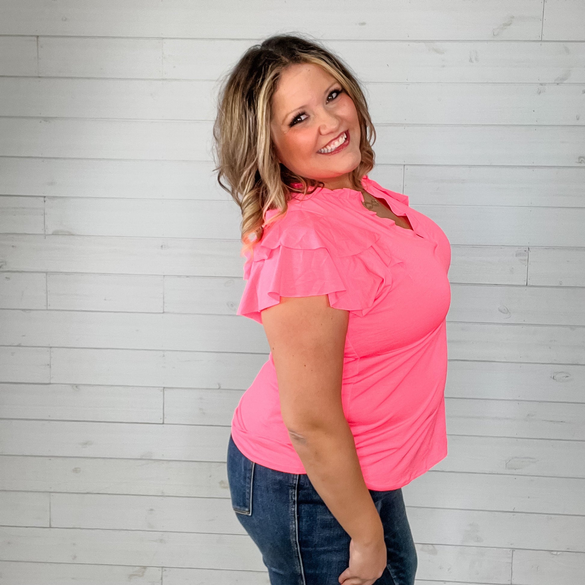 "No Doubt" Double Ruffle Cap Sleeve and Collar Split Neck (Neon Pink)