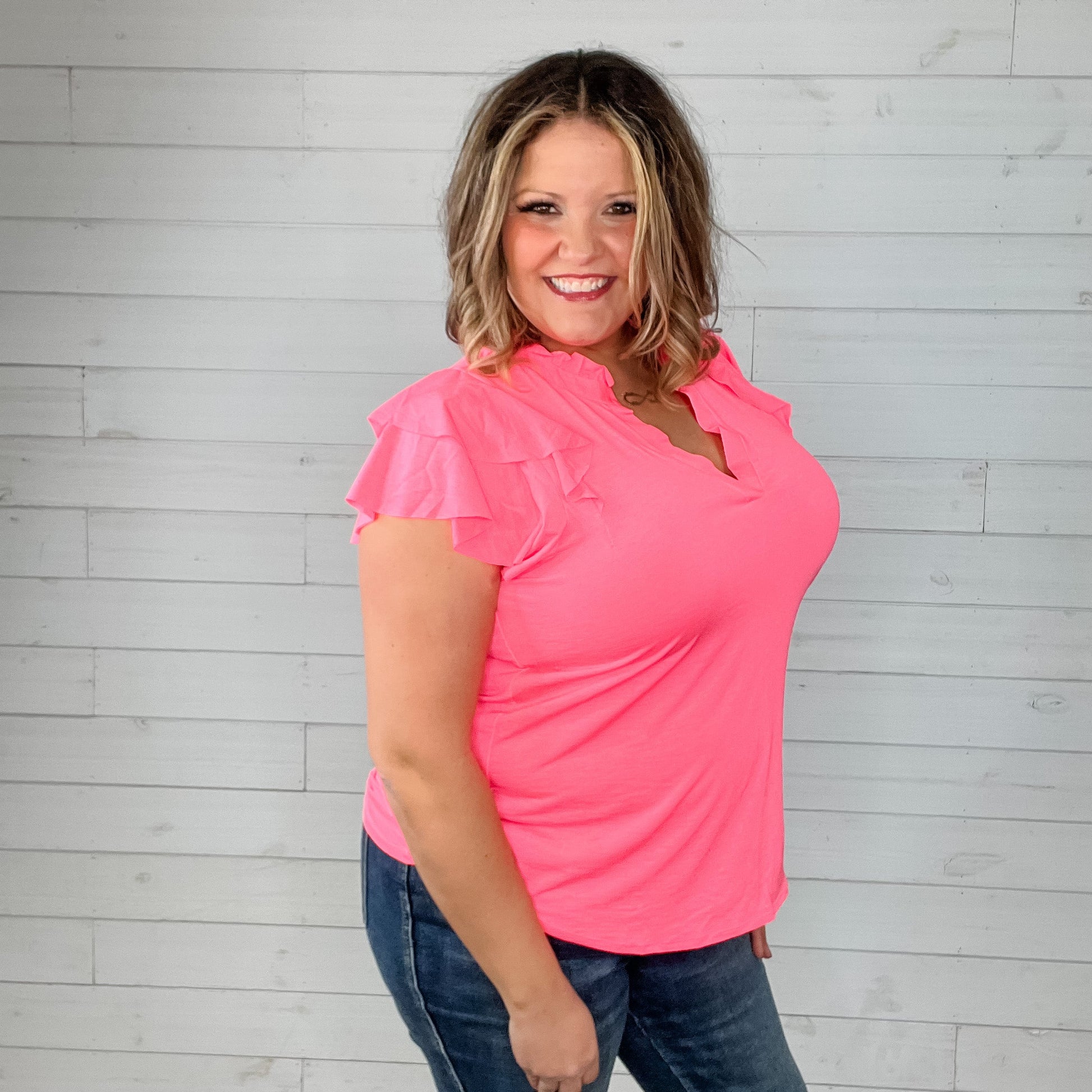 "No Doubt" Double Ruffle Cap Sleeve and Collar Split Neck (Neon Pink)