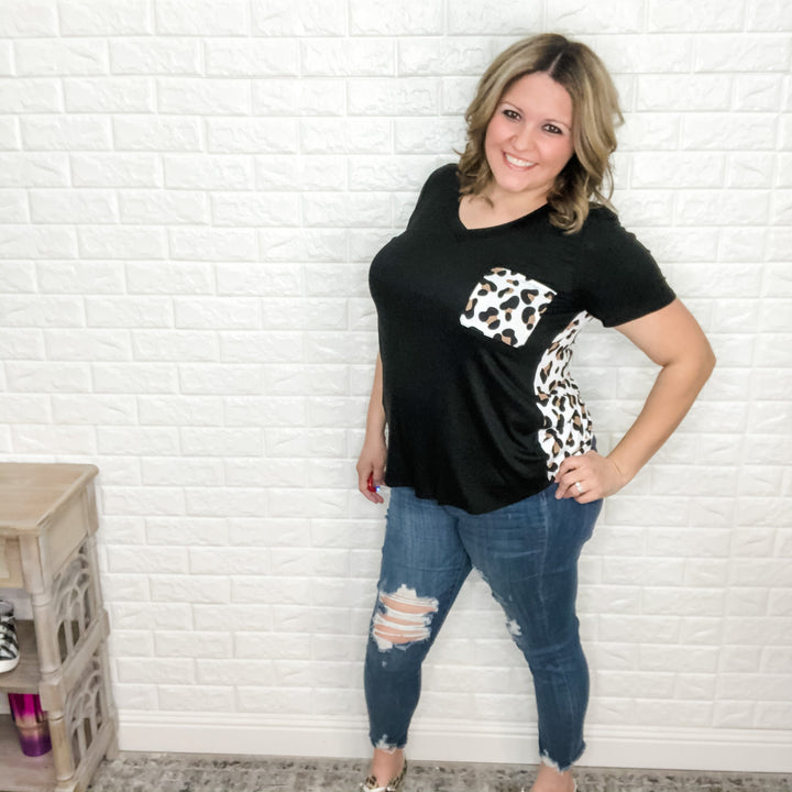 "Nora" Animal Accent V-Neck Pocket Tee (Black)