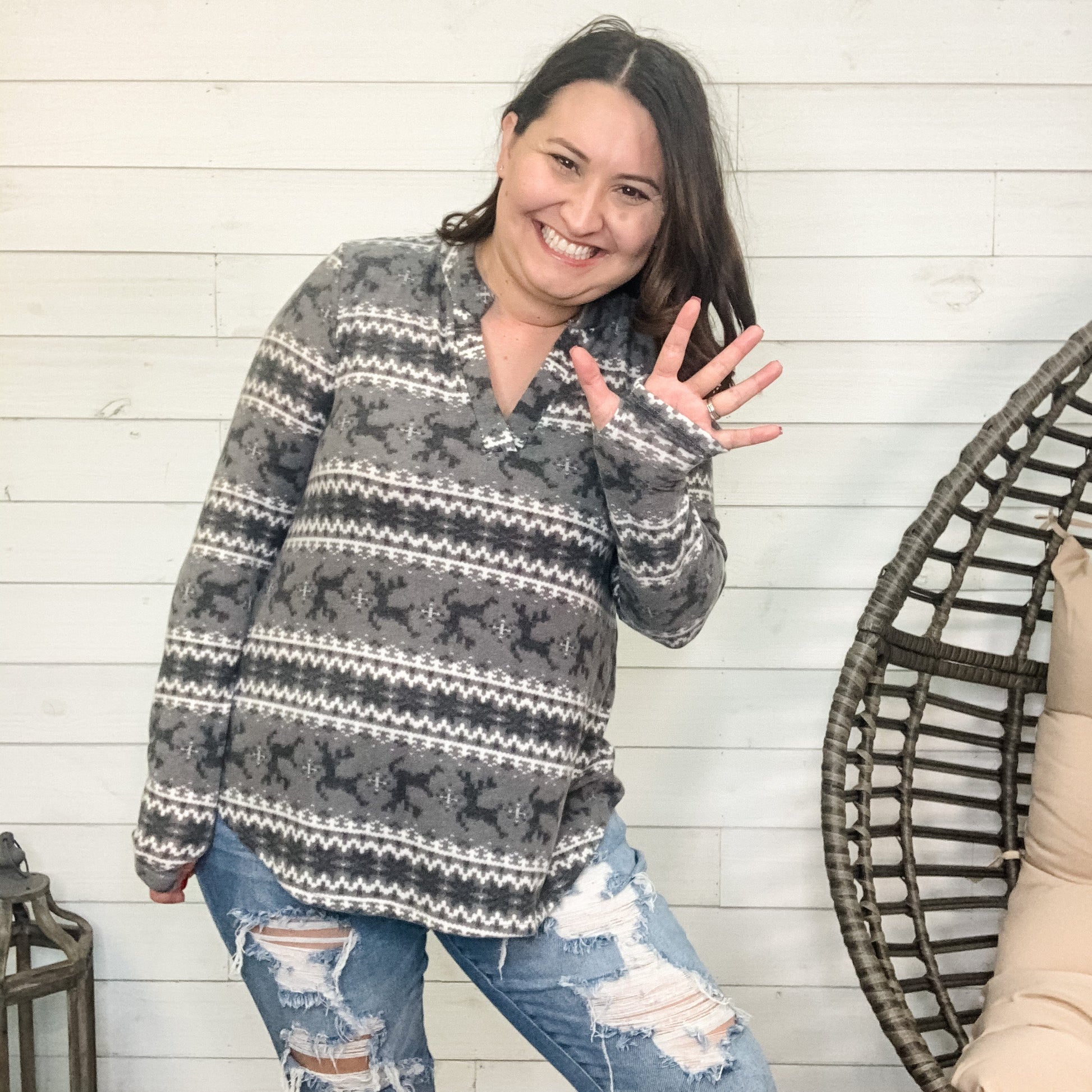 "North Pole" Gabby Style Long Sleeve Reindeer Detail