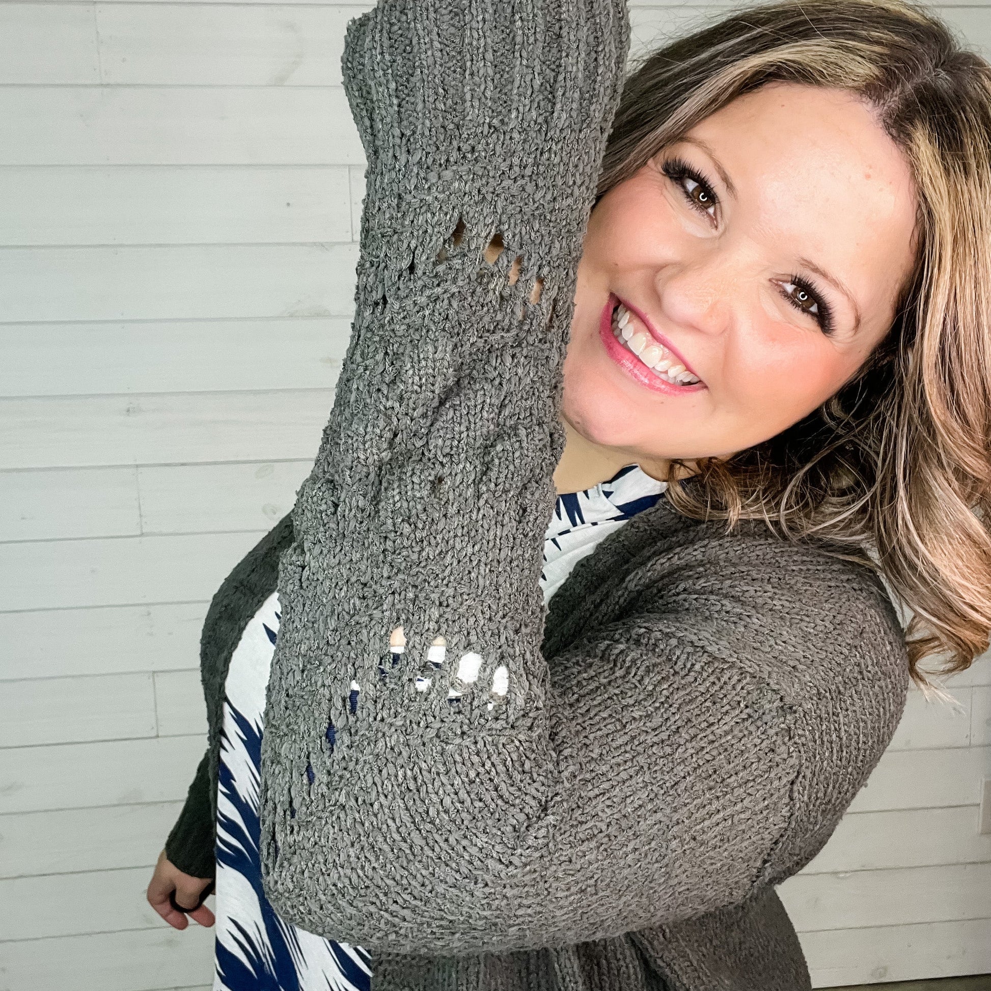 "Not My Granny" Loose Knit Cardigan (Charcoal)