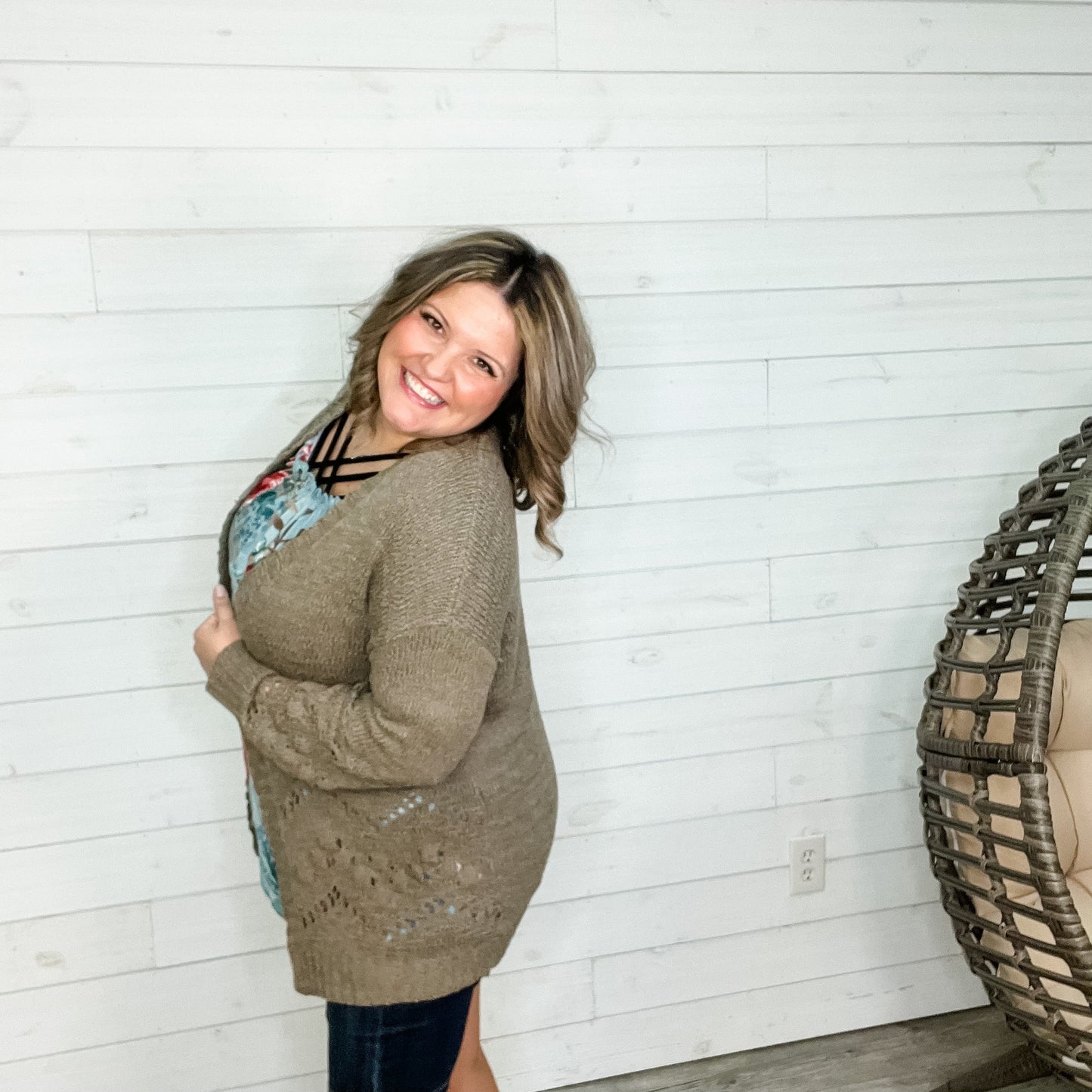 "Not My Granny" Loose Knit Cardigan (Olive)
