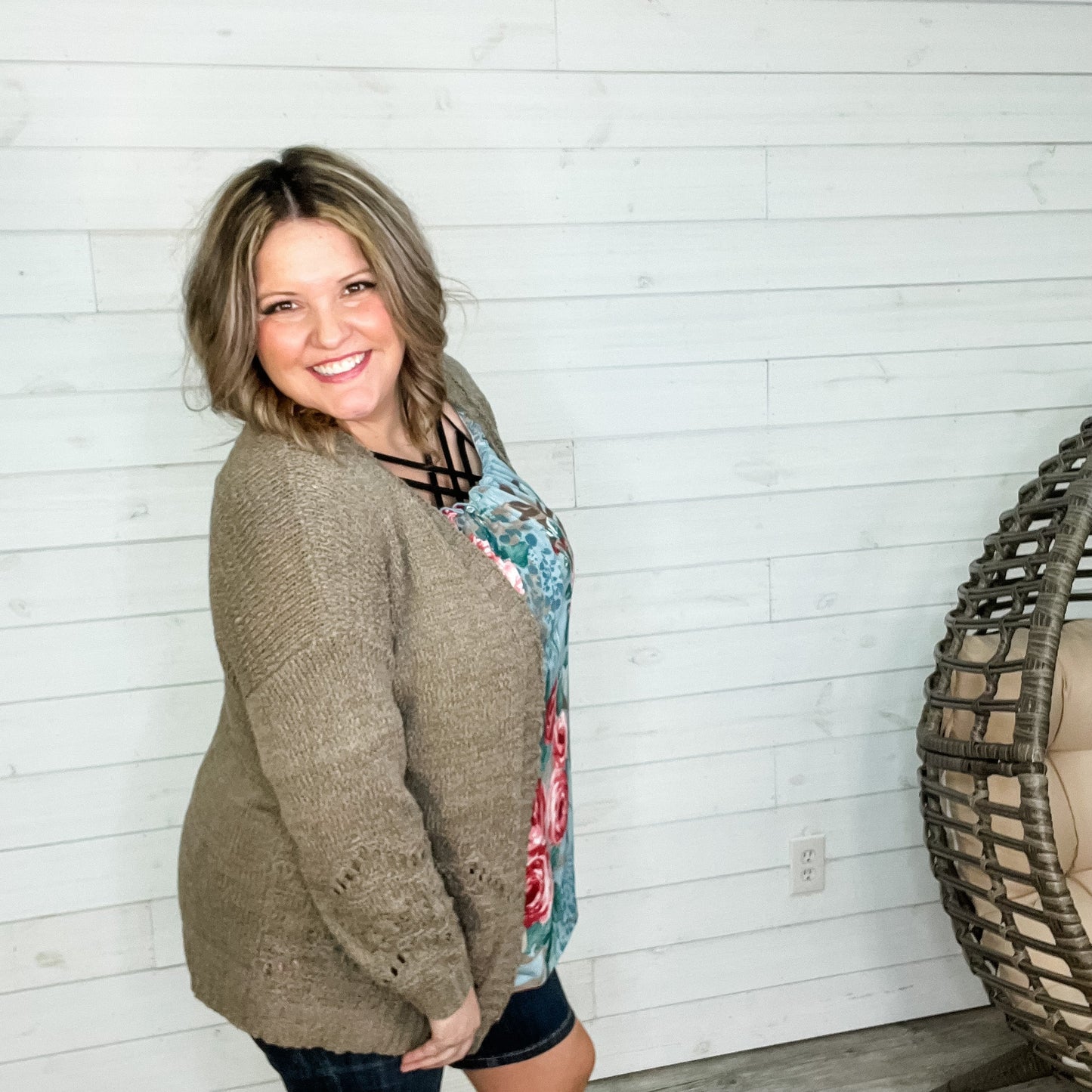 "Not My Granny" Loose Knit Cardigan (Olive)