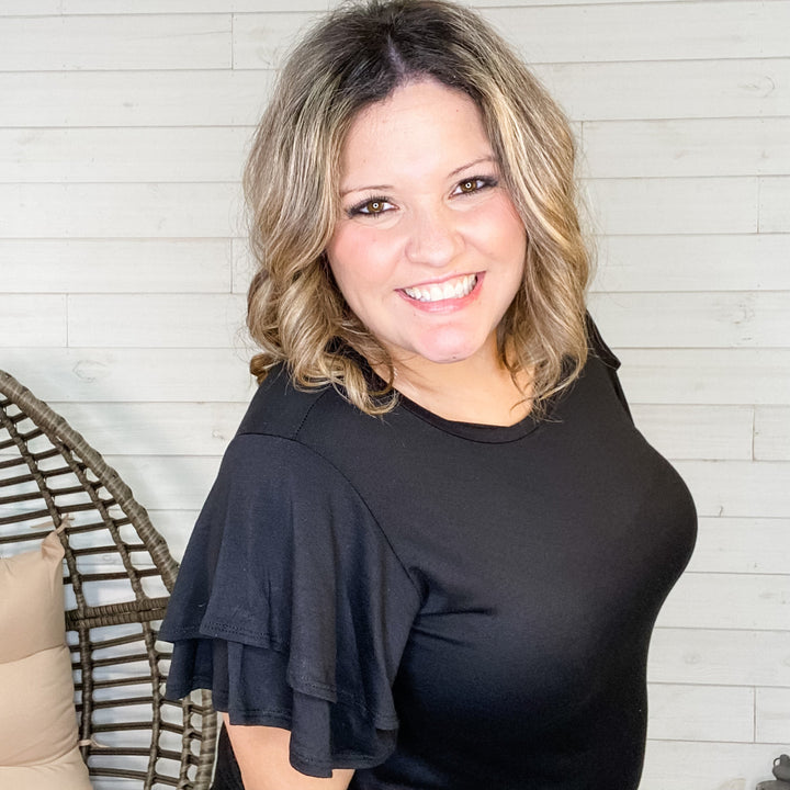 "Novalie" Ruffle Sleeve Round Neck (Black)
