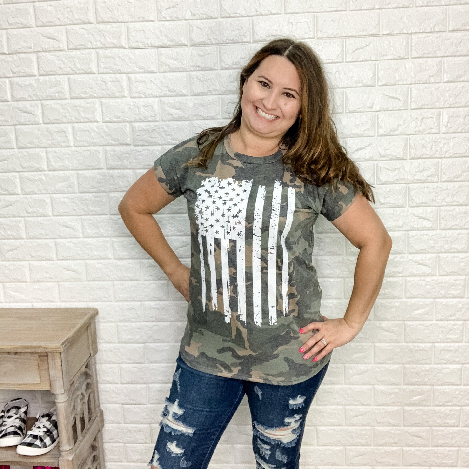 "Now You See Me" Flag Tee with Rolled Cuff Sleeve