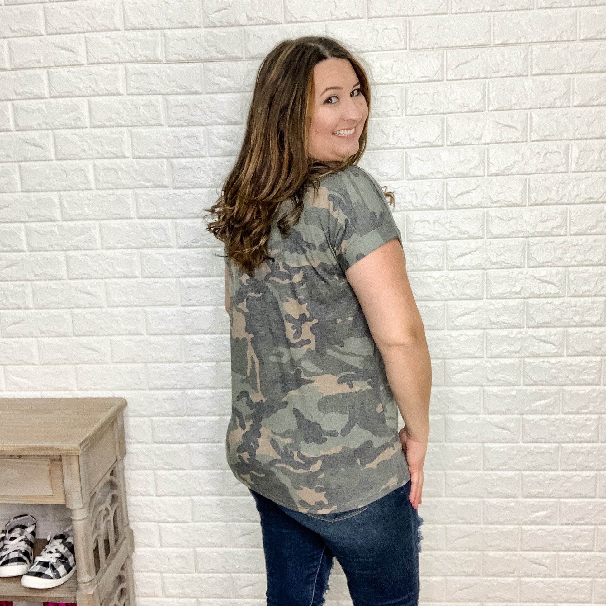 "Now You See Me" Flag Tee with Rolled Cuff Sleeve