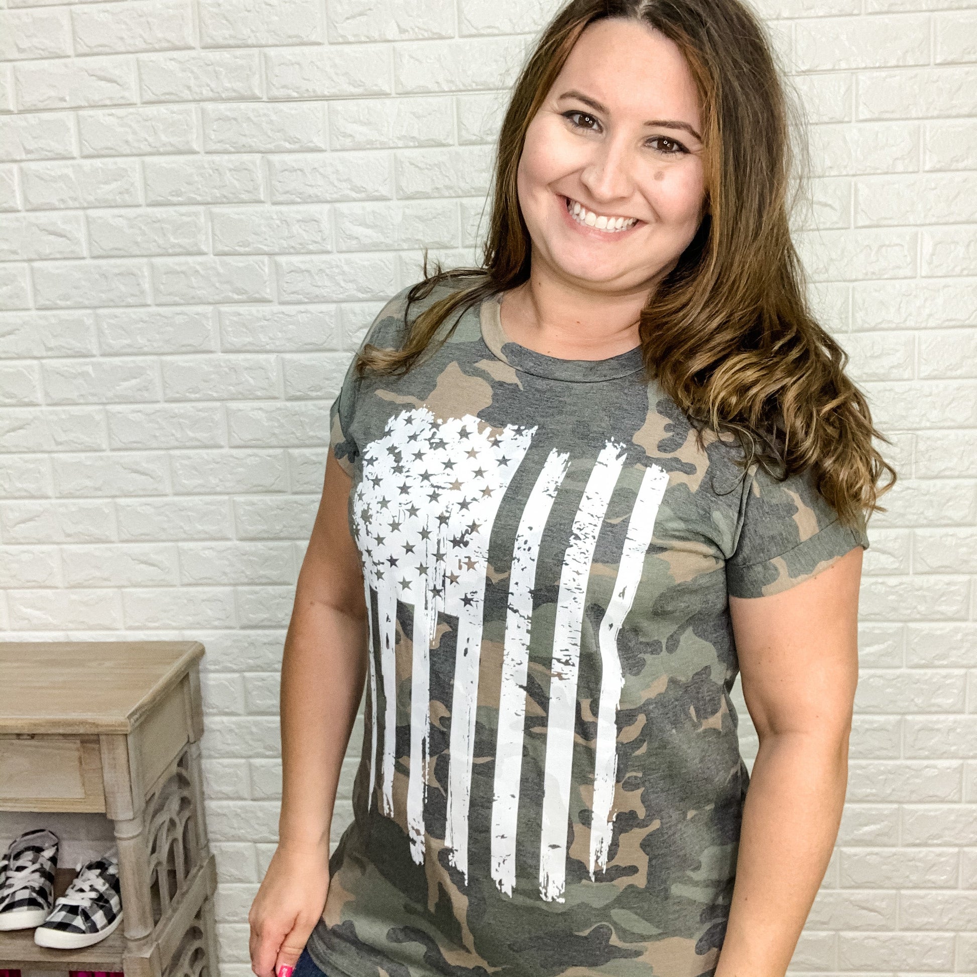 "Now You See Me" Flag Tee with Rolled Cuff Sleeve