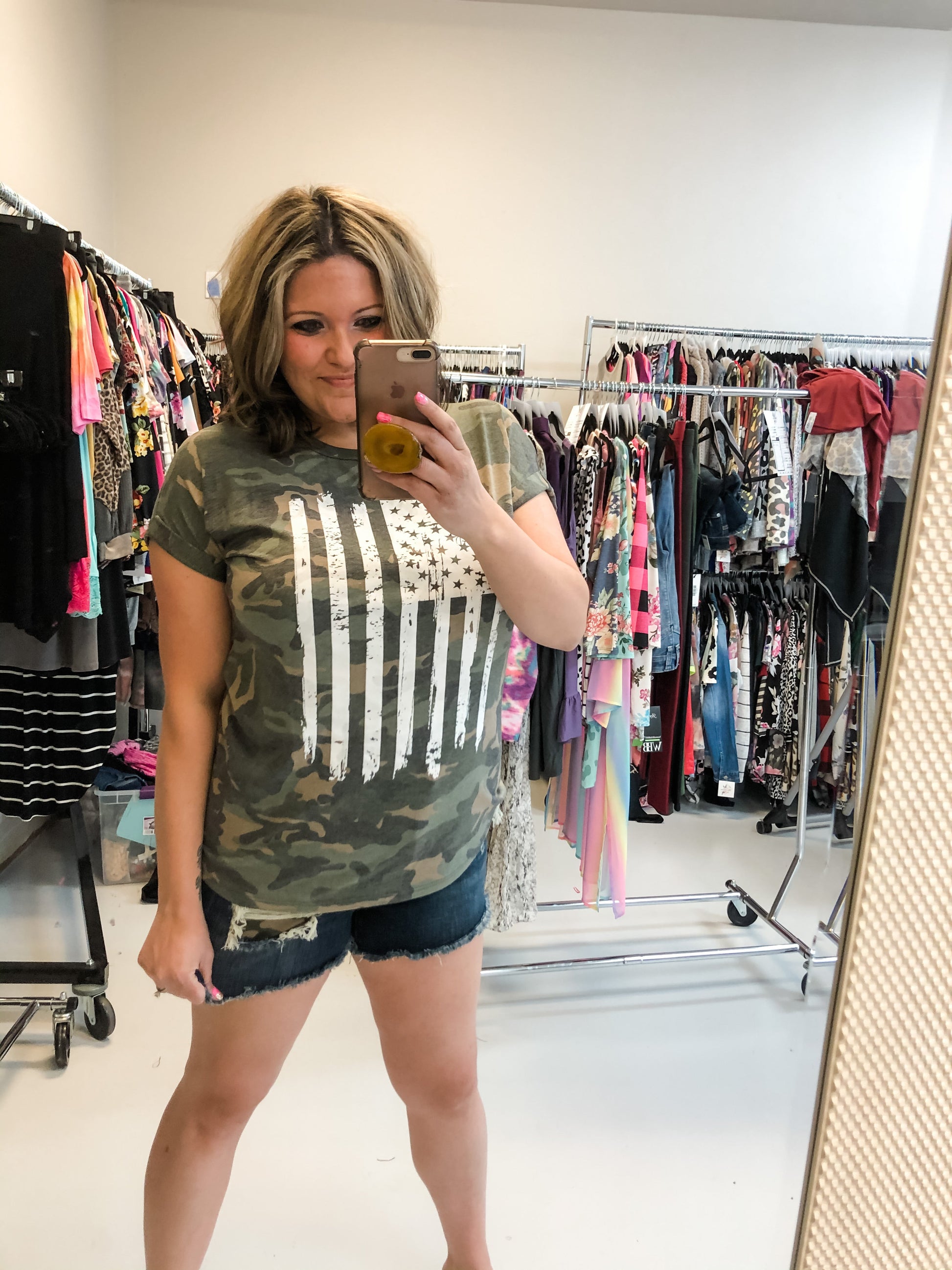 "Now You See Me" Flag Tee with Rolled Cuff Sleeve