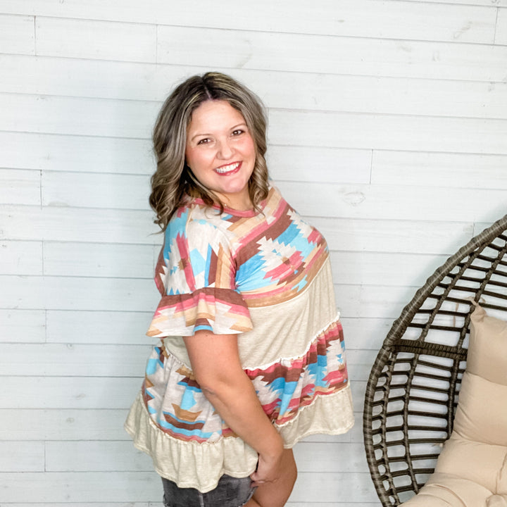 "Oasis" Short Ruffle Sleeve Aztec Babydoll