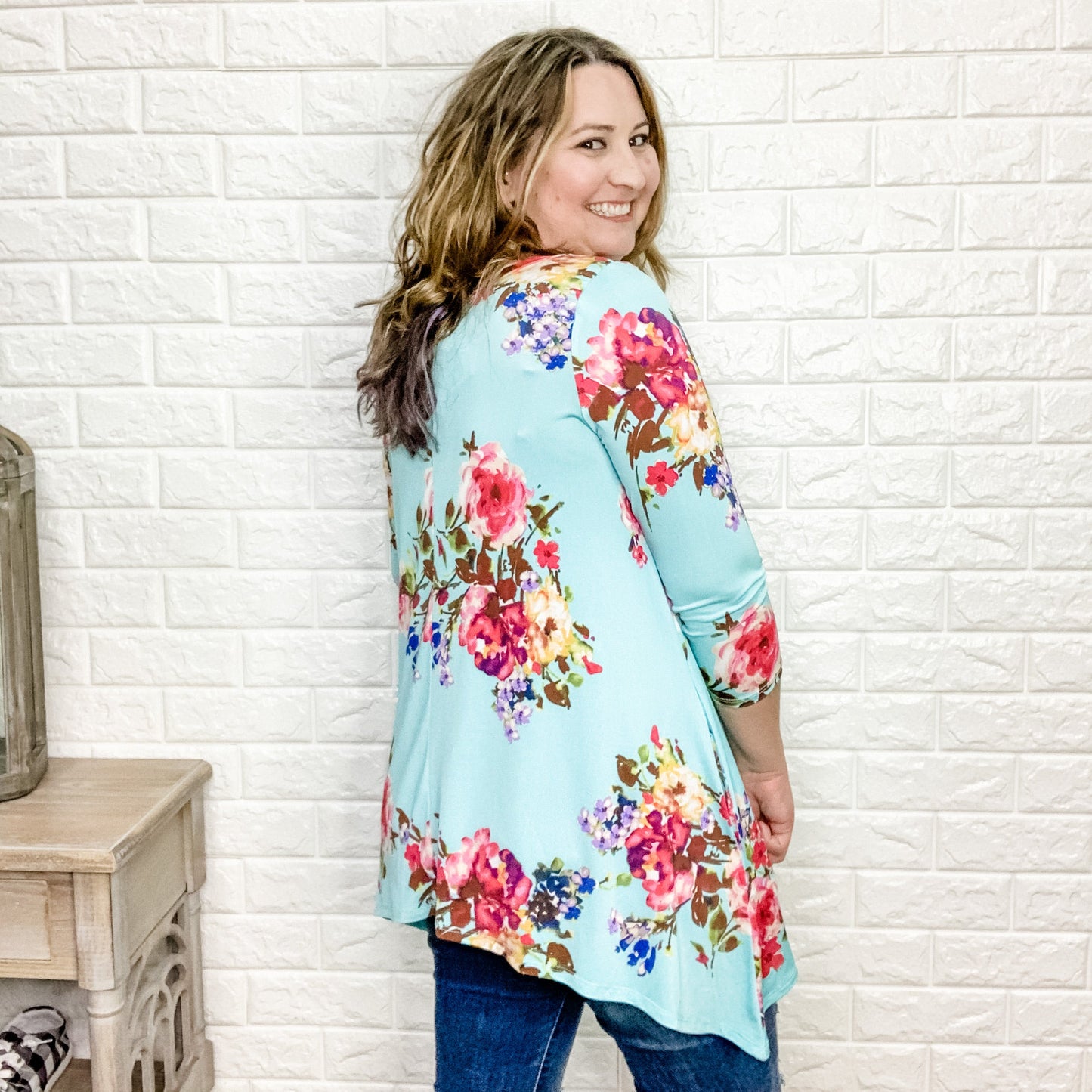 "Ocean Breeze" 3/4 Sleeve Floral Shark Bite Hem Top