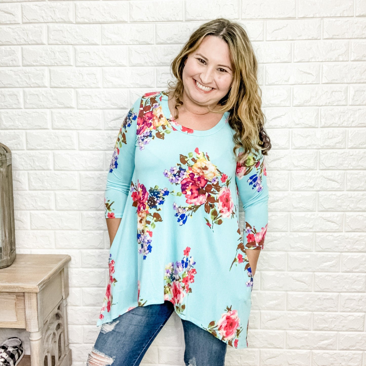 "Ocean Breeze" 3/4 Sleeve Floral Shark Bite Hem Top