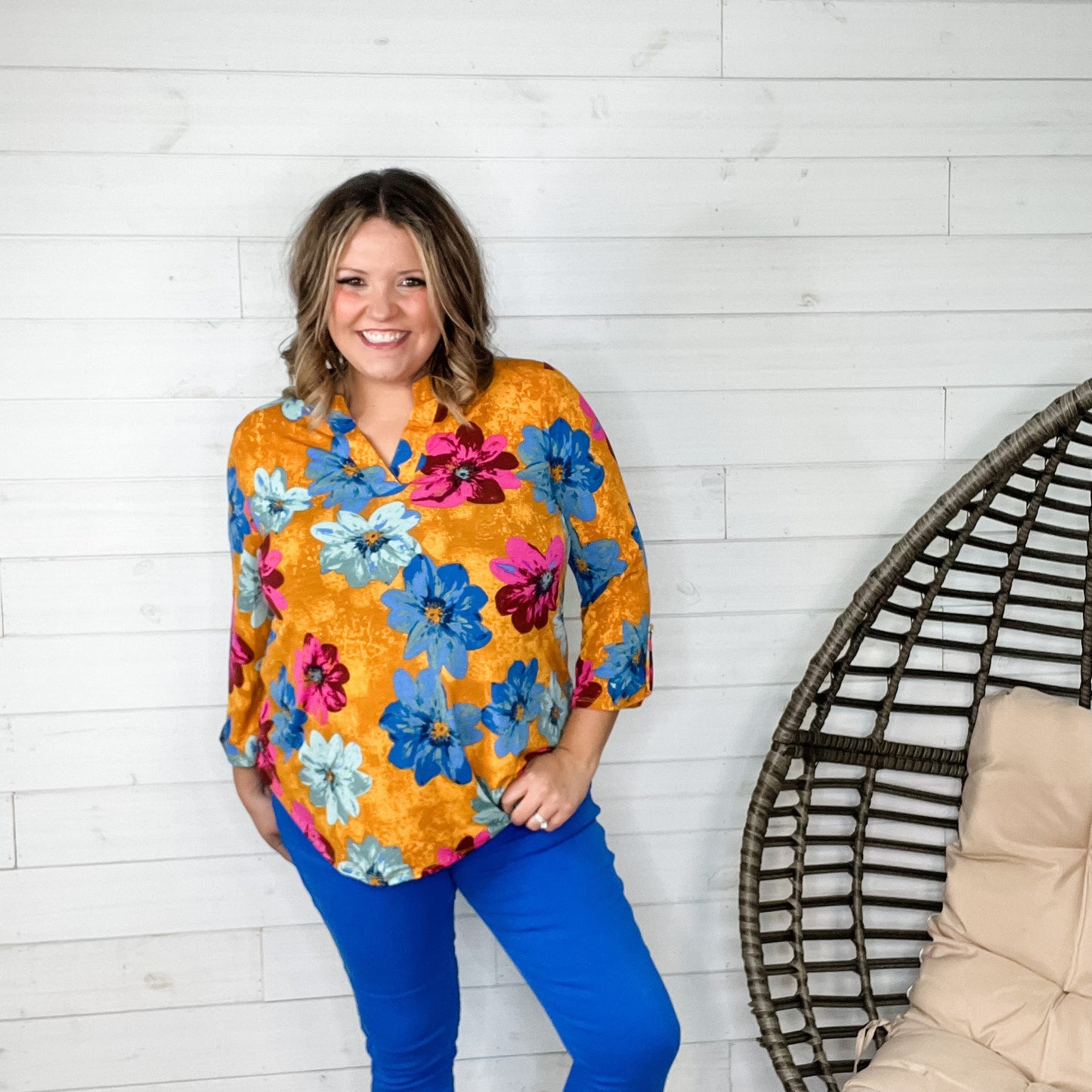 "October" Floral Lizzy 3/4 Sleeve Split Neck