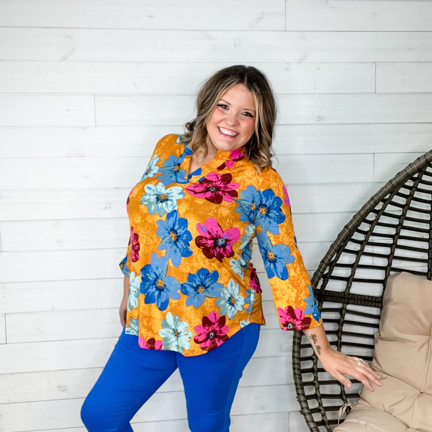 "October" Floral Lizzy 3/4 Sleeve Split Neck