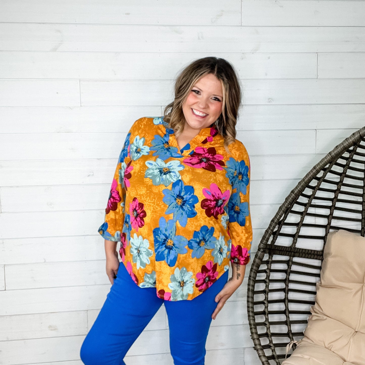 "October" Floral Lizzy 3/4 Sleeve Split Neck