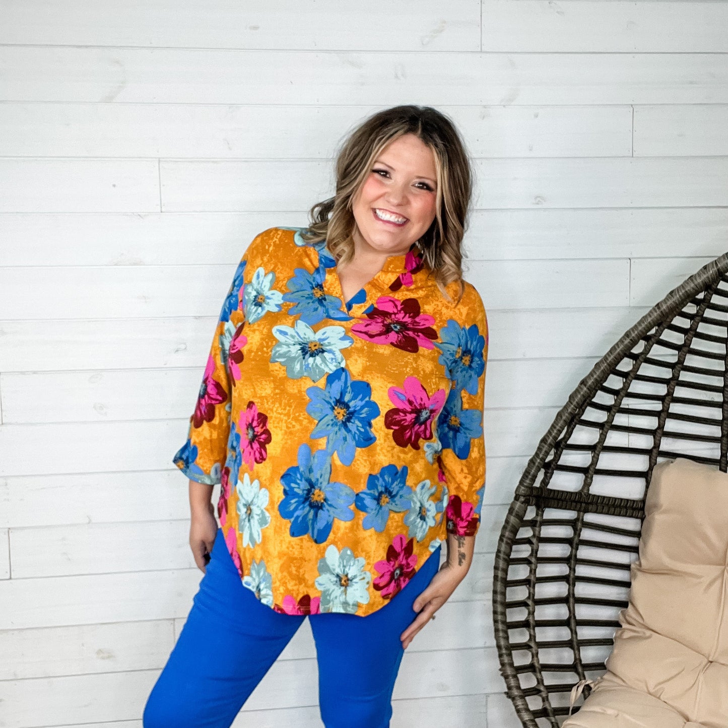 "October" Floral Lizzy 3/4 Sleeve Split Neck
