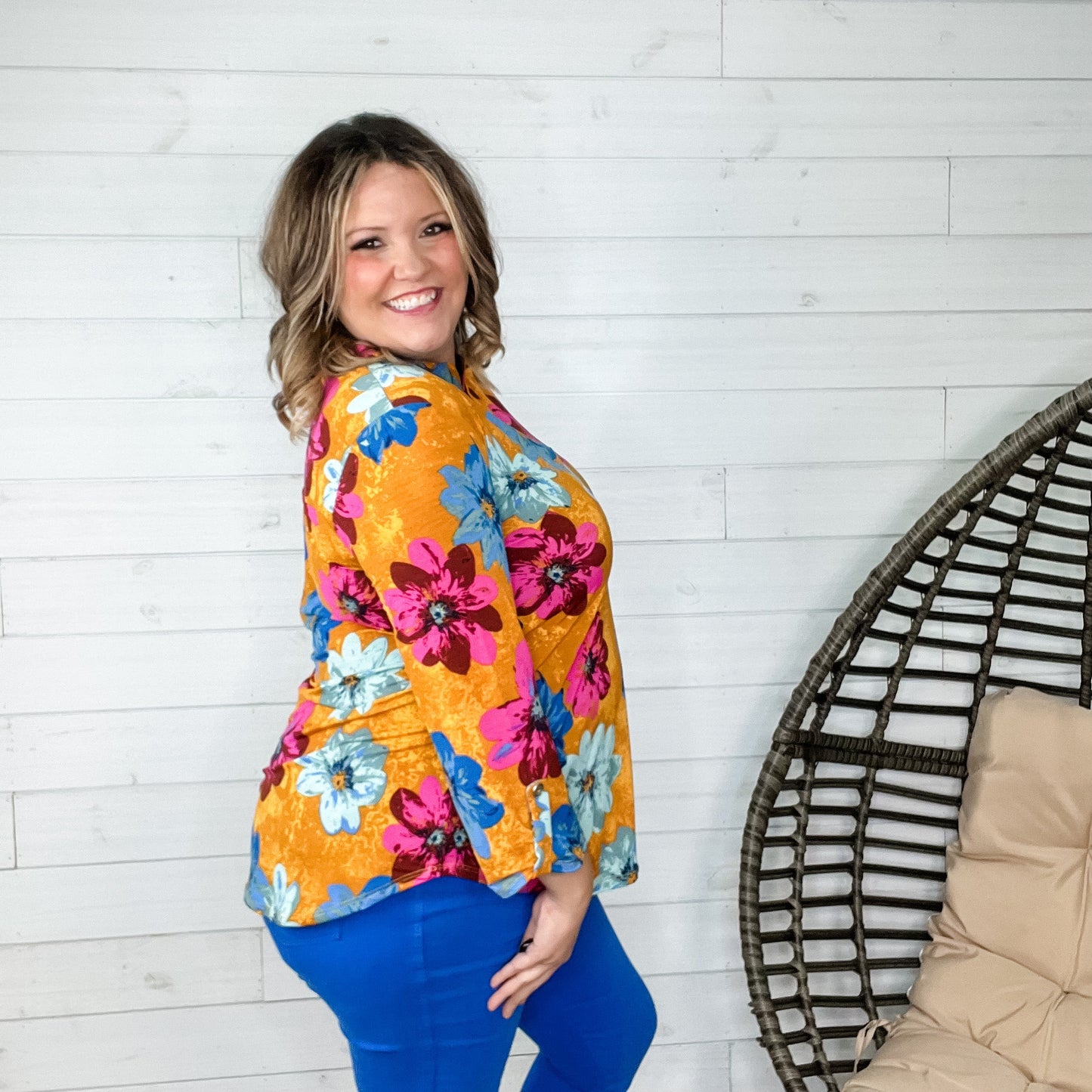 "October" Floral Lizzy 3/4 Sleeve Split Neck