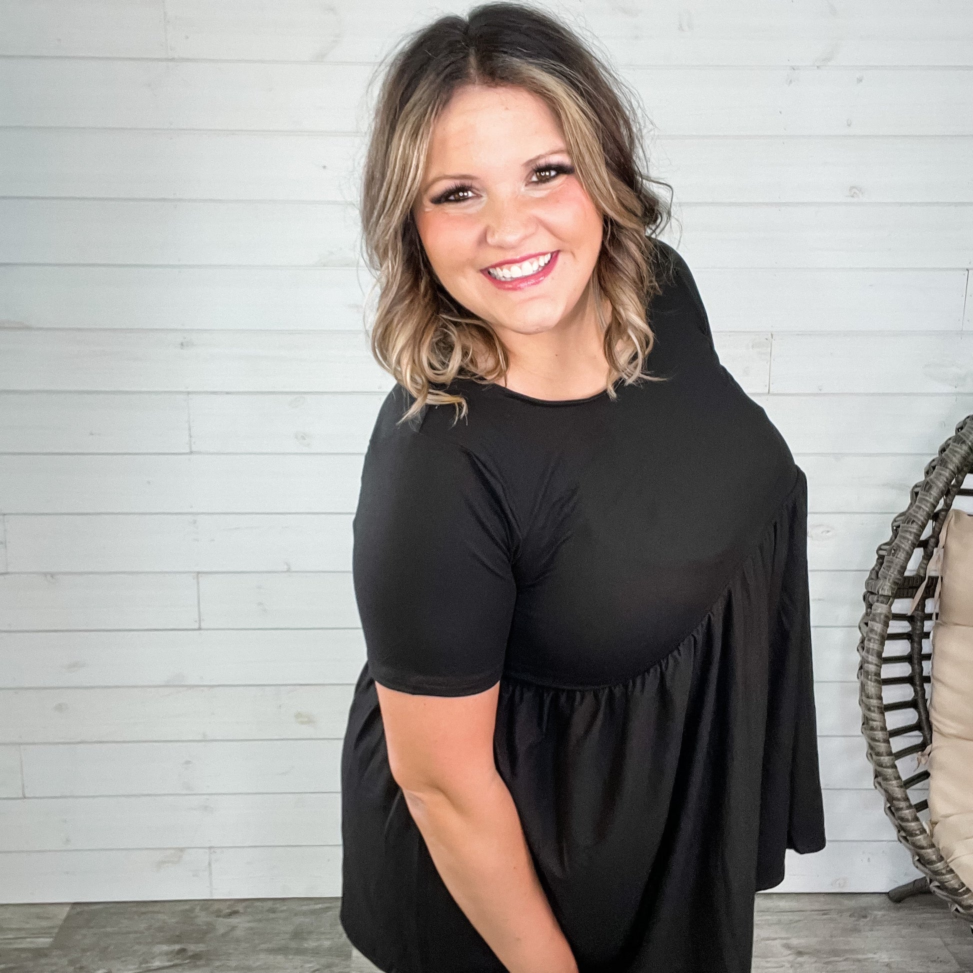 "Oh Dollie" Short Sleeve Top with Waist Shirring (Black)