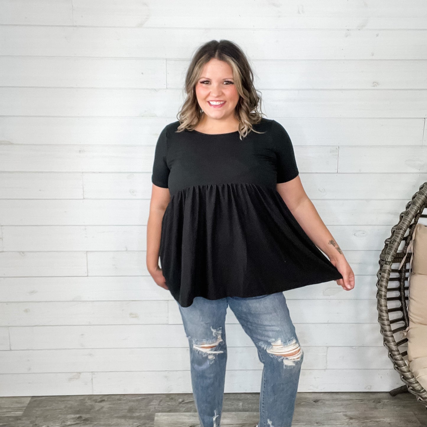 "Oh Dollie" Short Sleeve Top with Waist Shirring (Black)