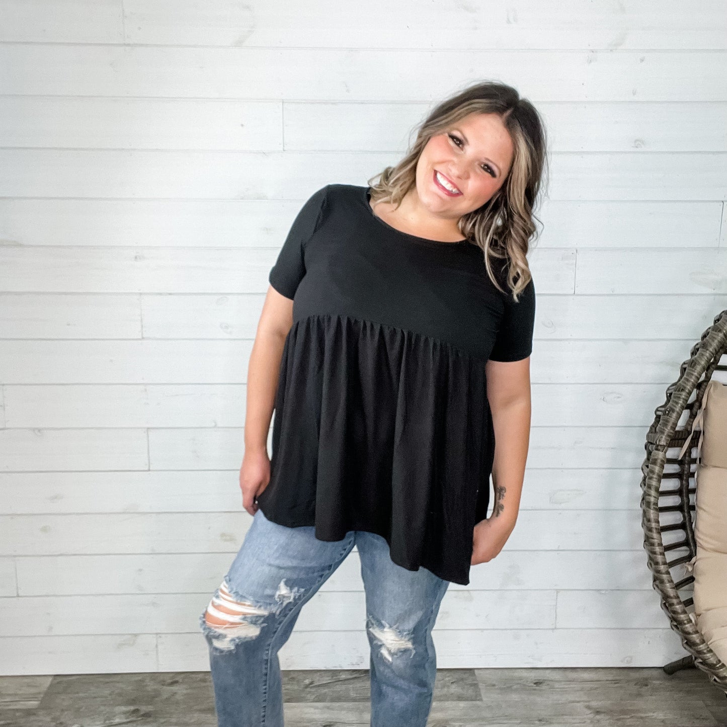 "Oh Dollie" Short Sleeve Top with Waist Shirring (Black)