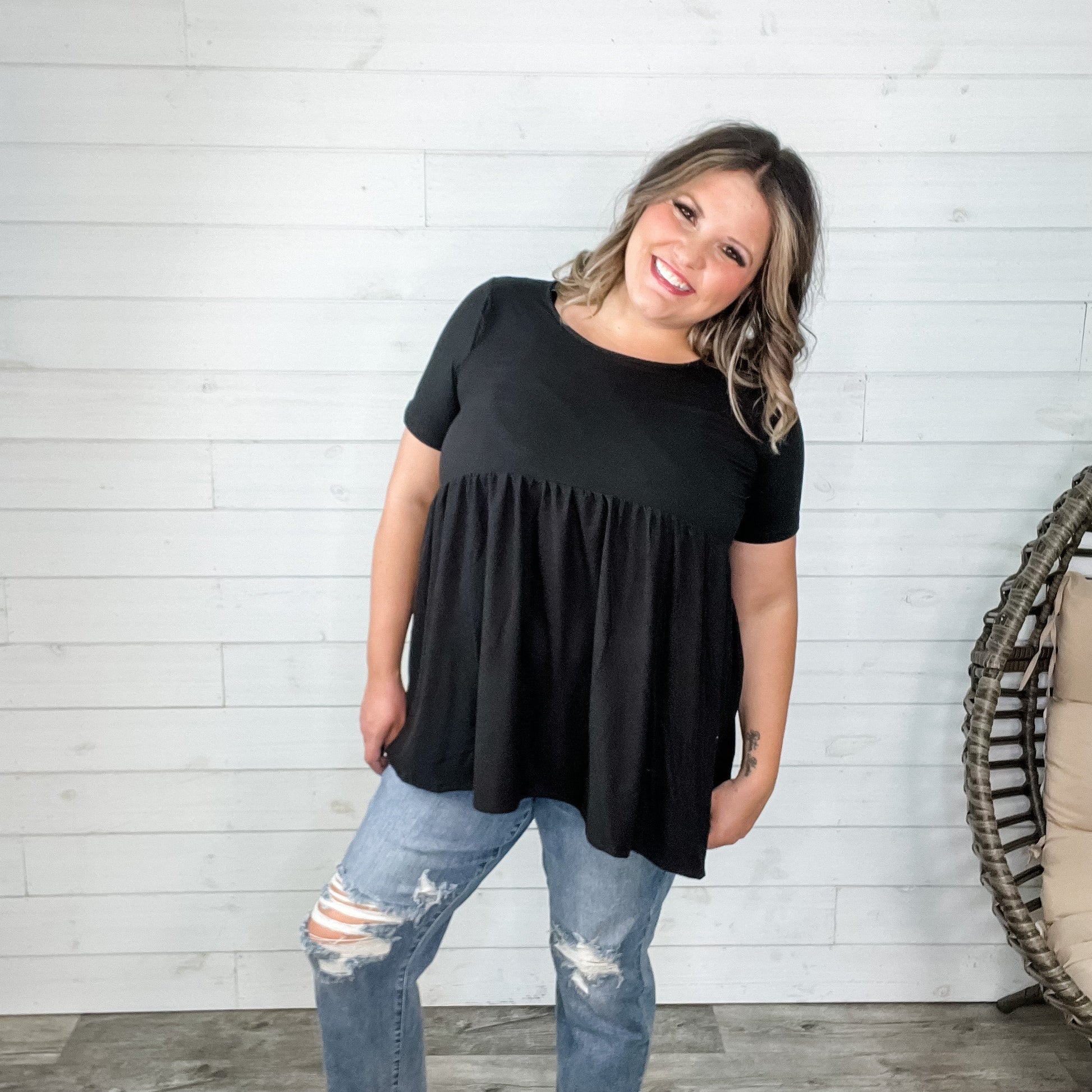 "Oh Dollie" Short Sleeve Top with Waist Shirring (Black)