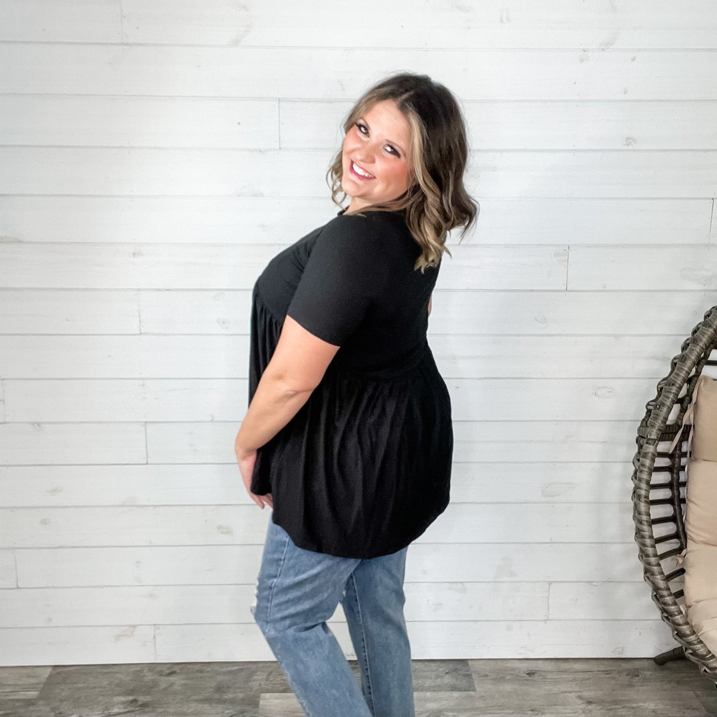 "Oh Dollie" Short Sleeve Top with Waist Shirring (Black)