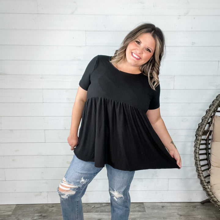 "Oh Dollie" Short Sleeve Top with Waist Shirring (Black)