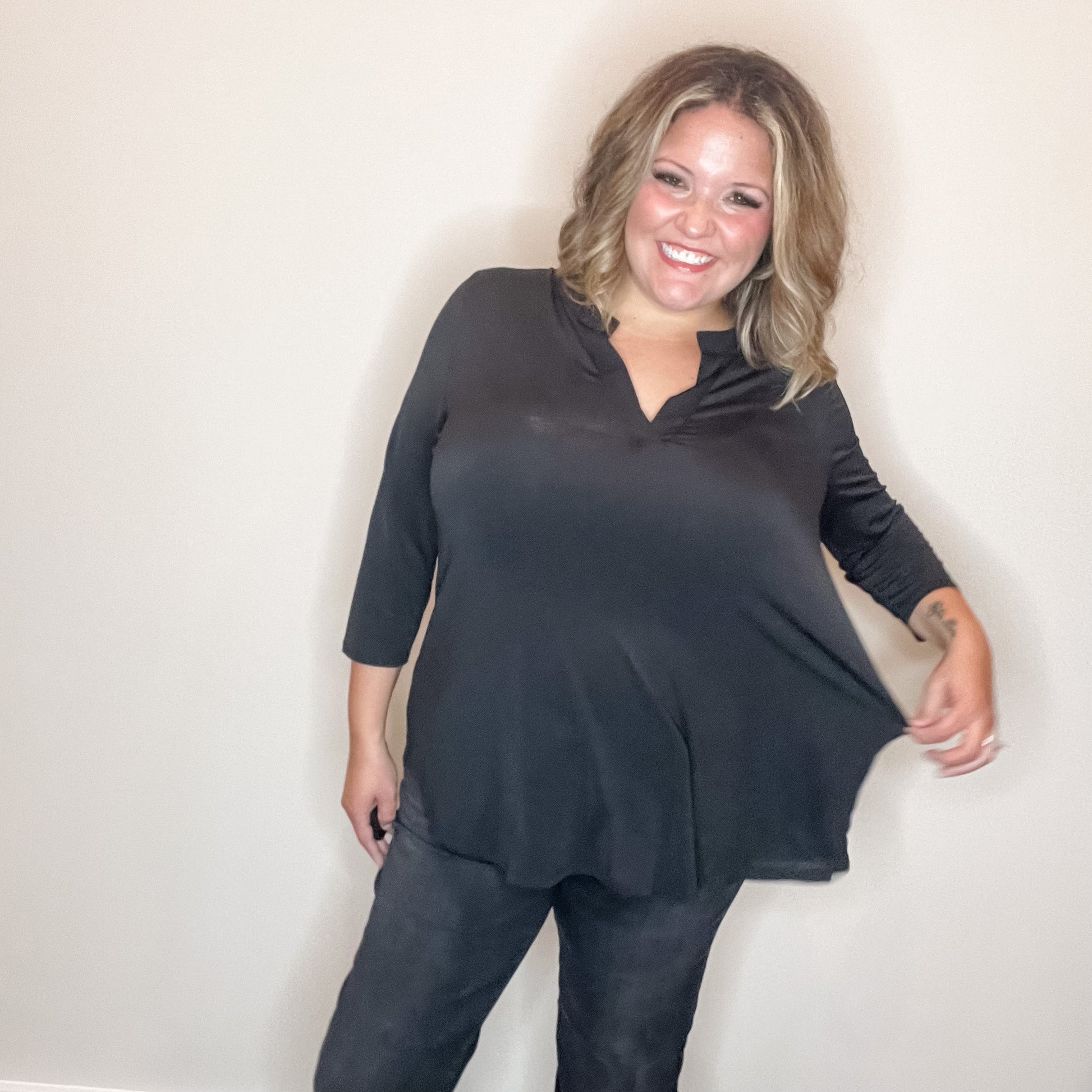 "Oh We Did" 3/4 Sleeve Split Neck (Black)