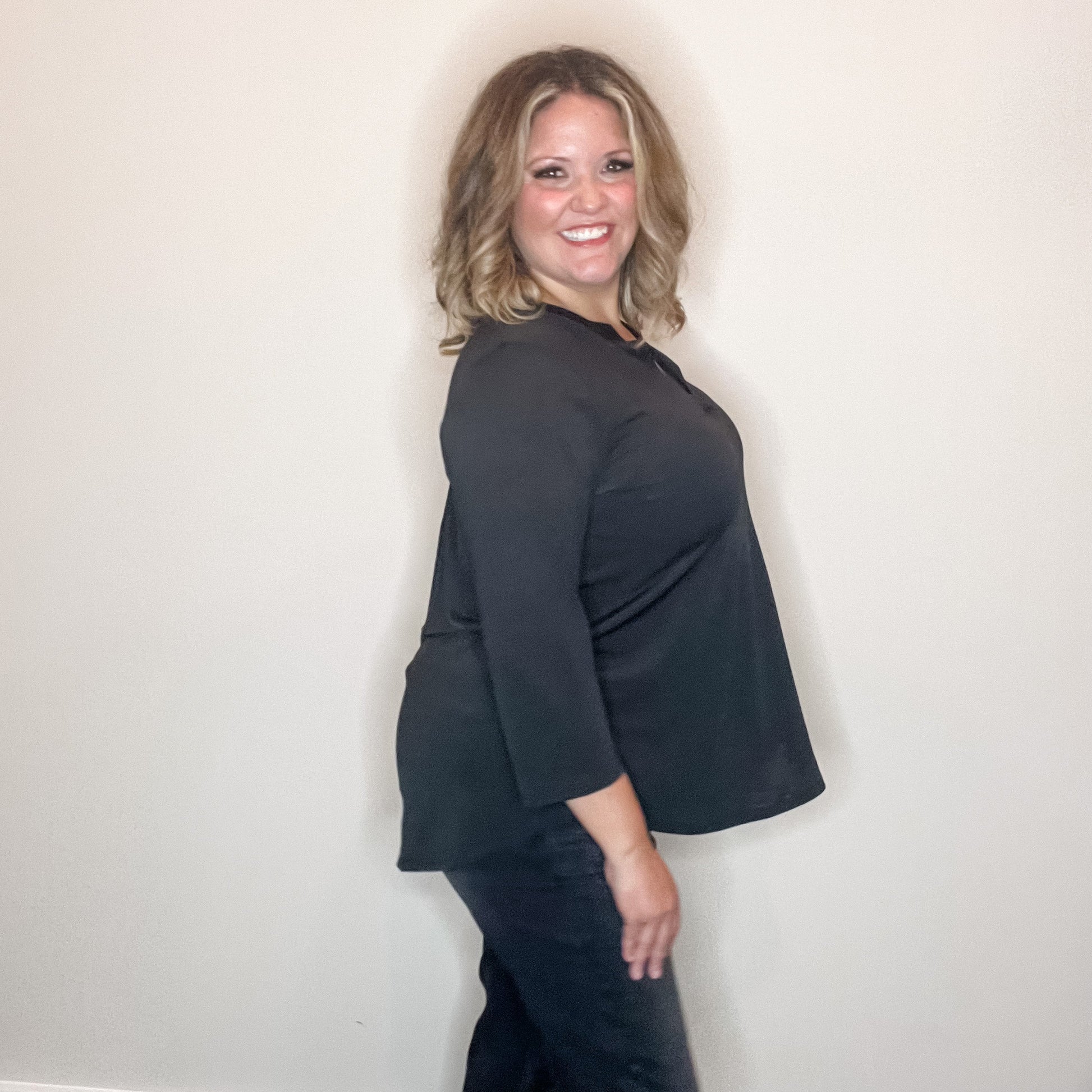 "Oh We Did" 3/4 Sleeve Split Neck (Black)