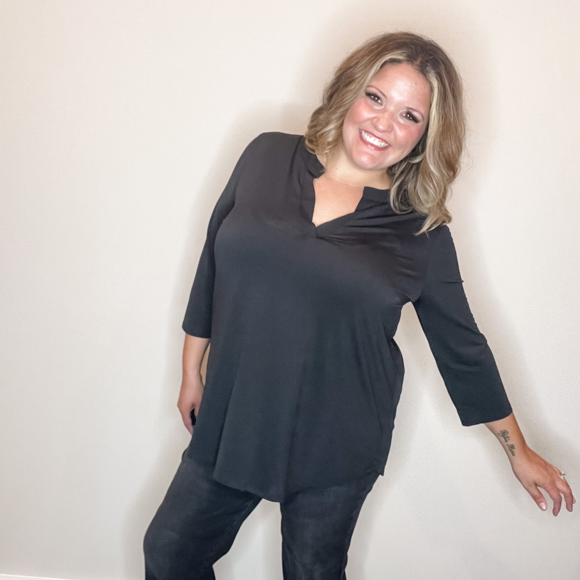 "Oh We Did" 3/4 Sleeve Split Neck (Black)