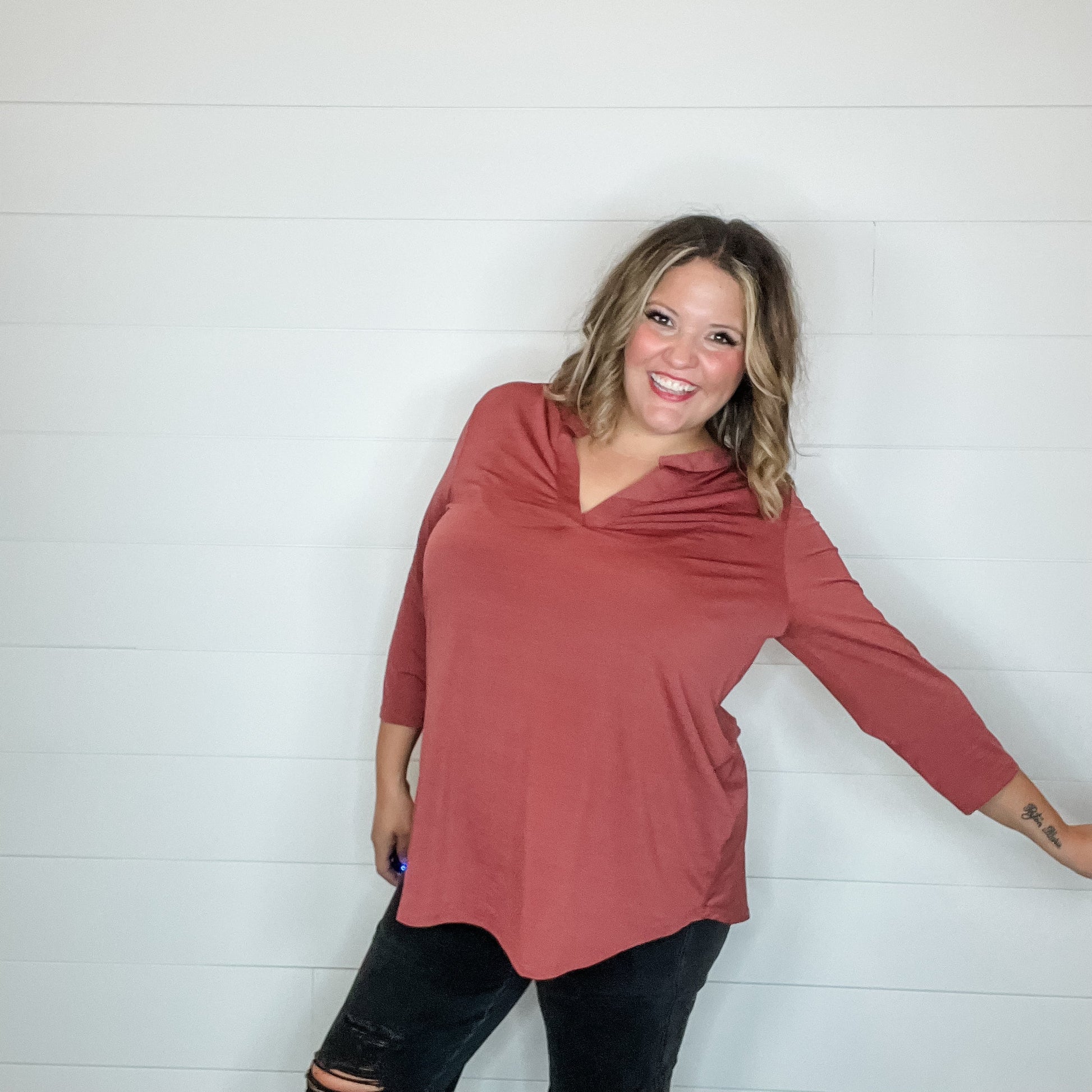 "Oh We Did" 3/4 Sleeve Split Neck (Brick)