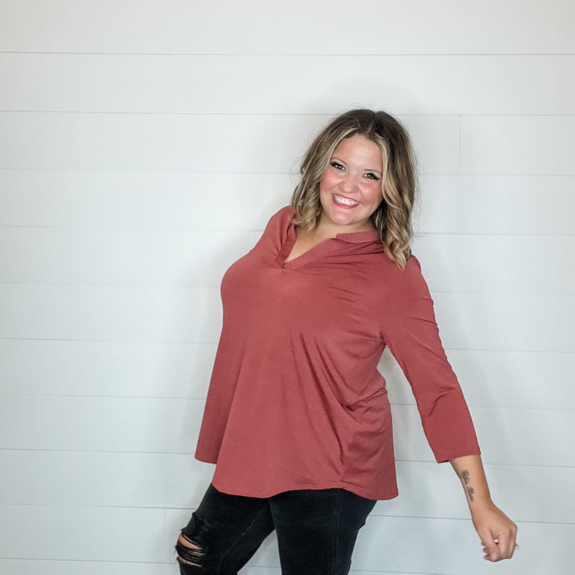 "Oh We Did" 3/4 Sleeve Split Neck (Brick)