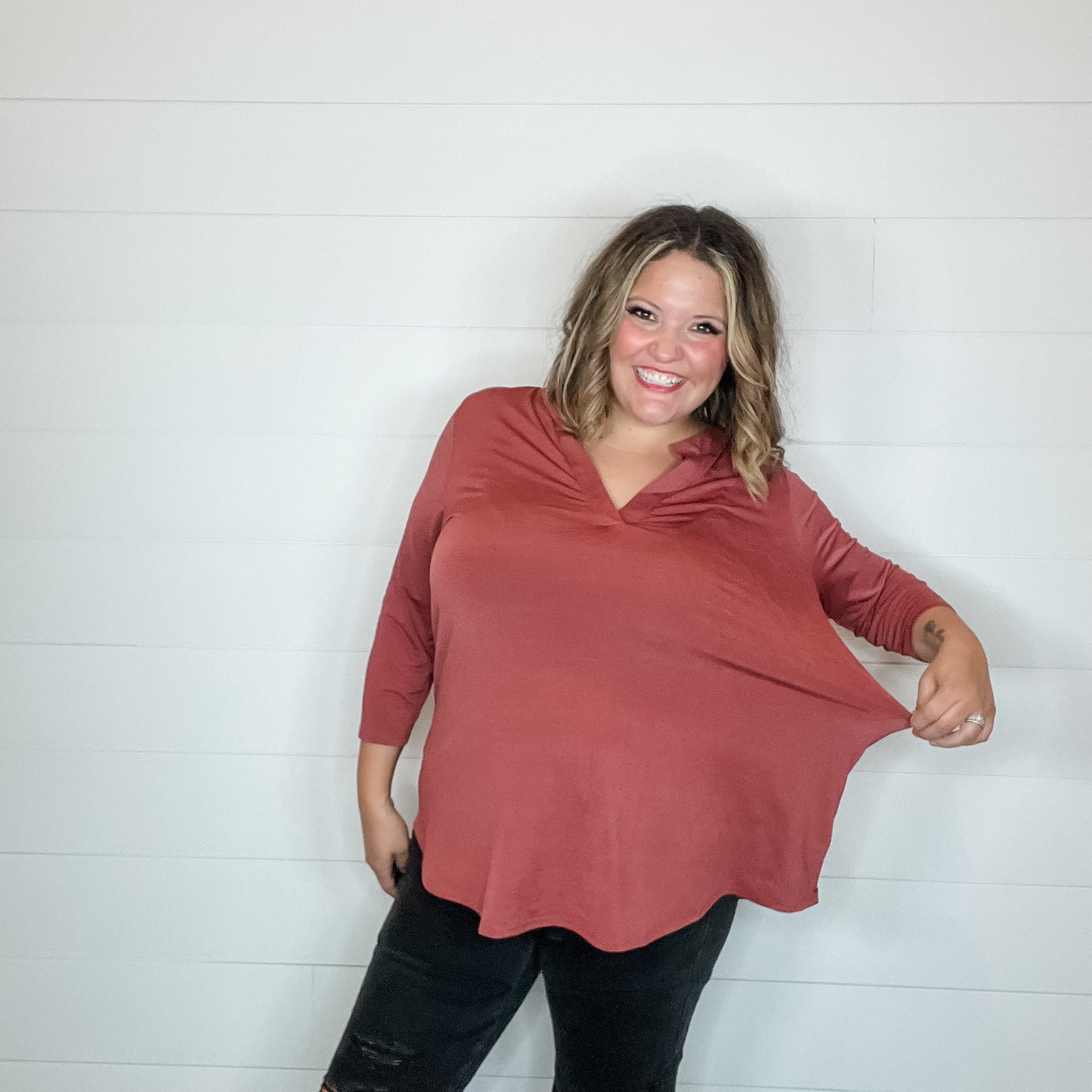 "Oh We Did" 3/4 Sleeve Split Neck (Brick)