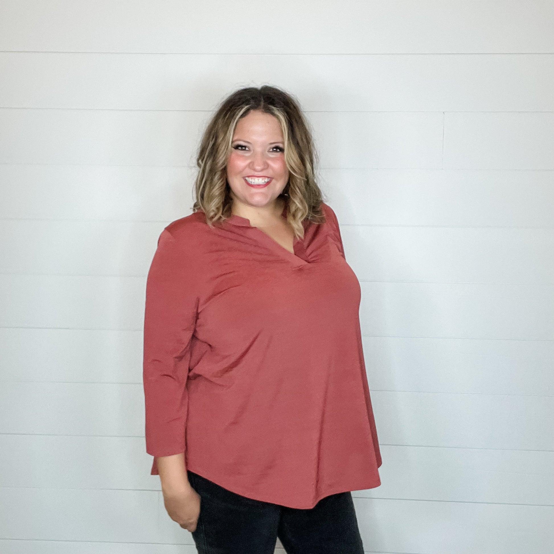 "Oh We Did" 3/4 Sleeve Split Neck (Brick)