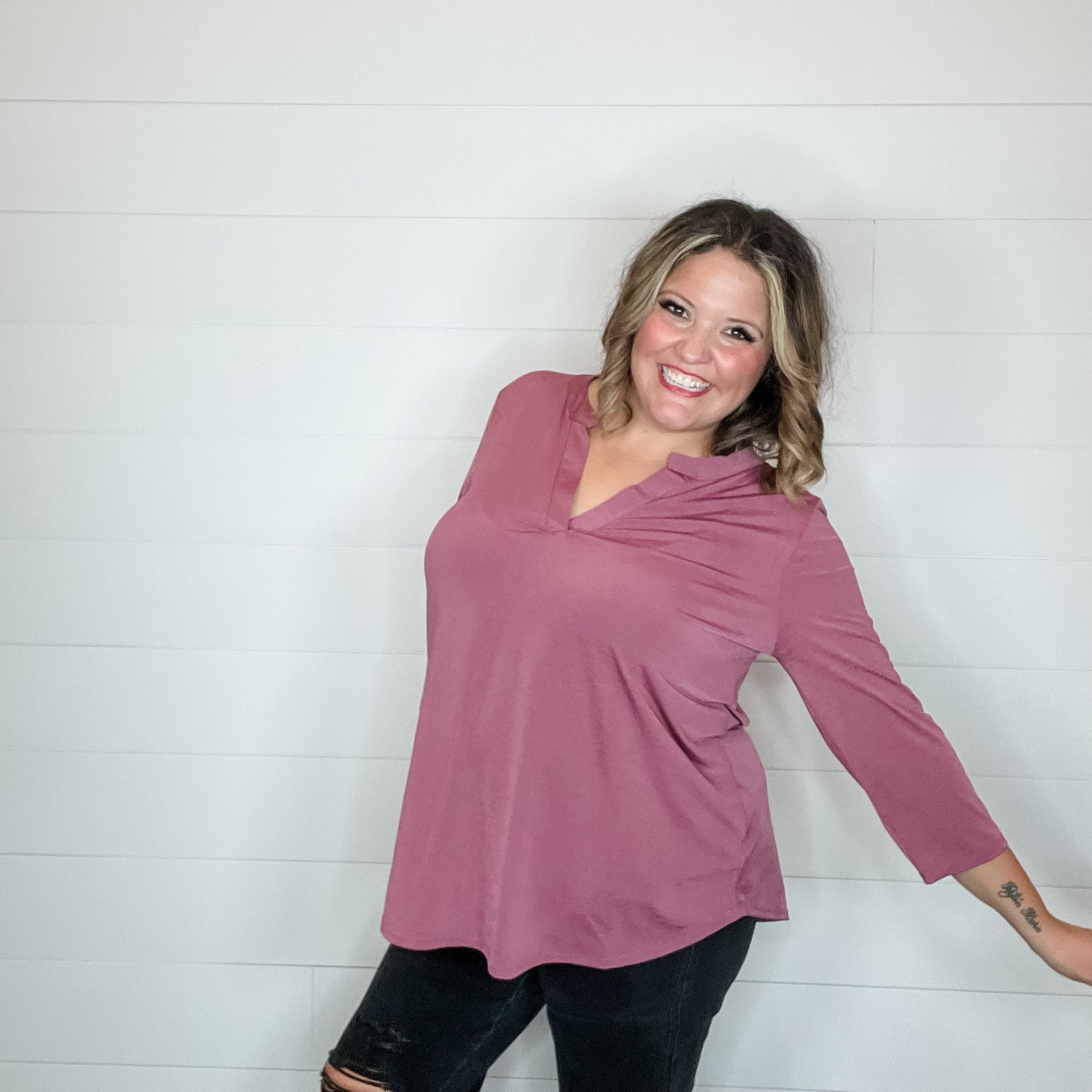 "Oh We Did" 3/4 Sleeve Split Neck (Dark Mauve)