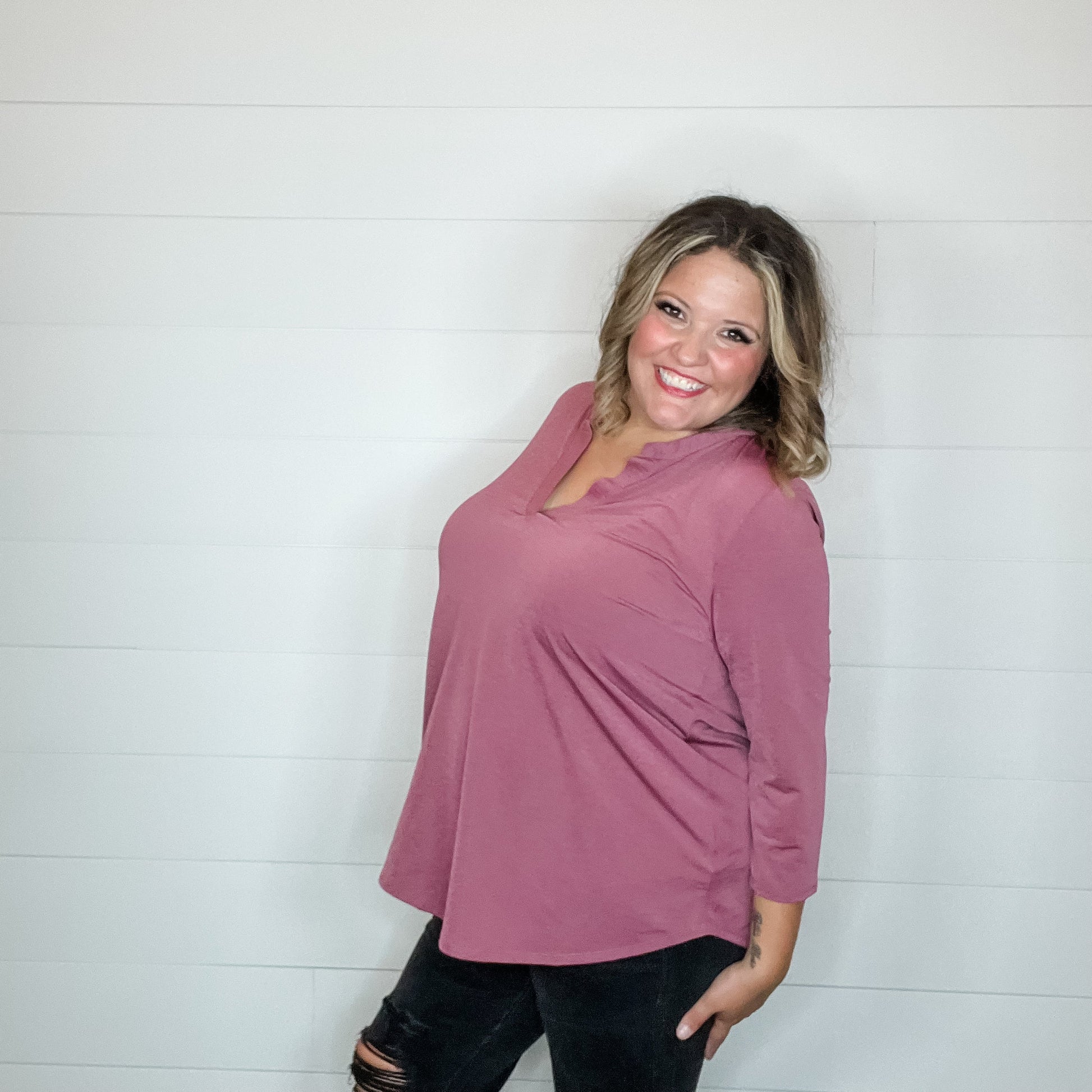 "Oh We Did" 3/4 Sleeve Split Neck (Dark Mauve)