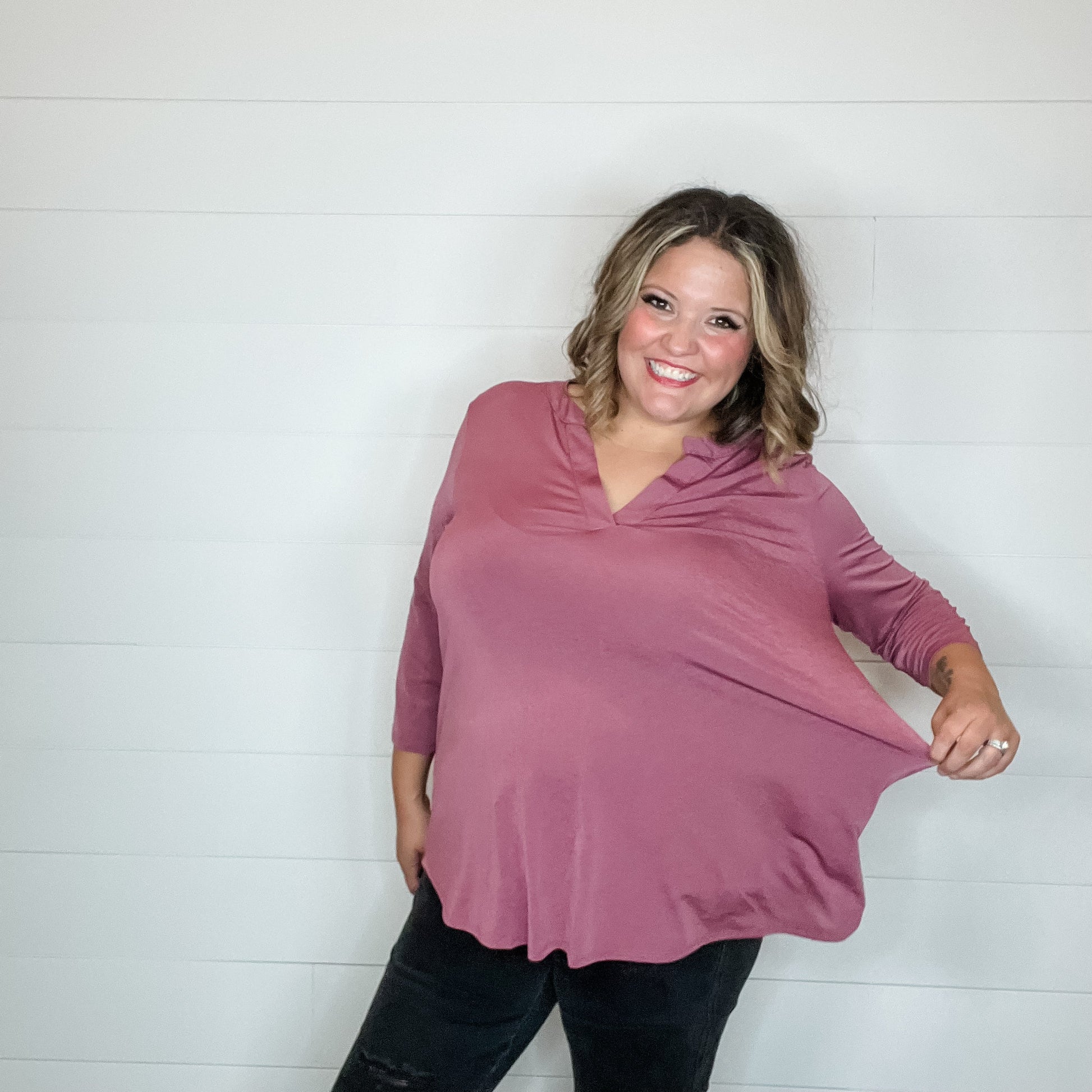 "Oh We Did" 3/4 Sleeve Split Neck (Dark Mauve)