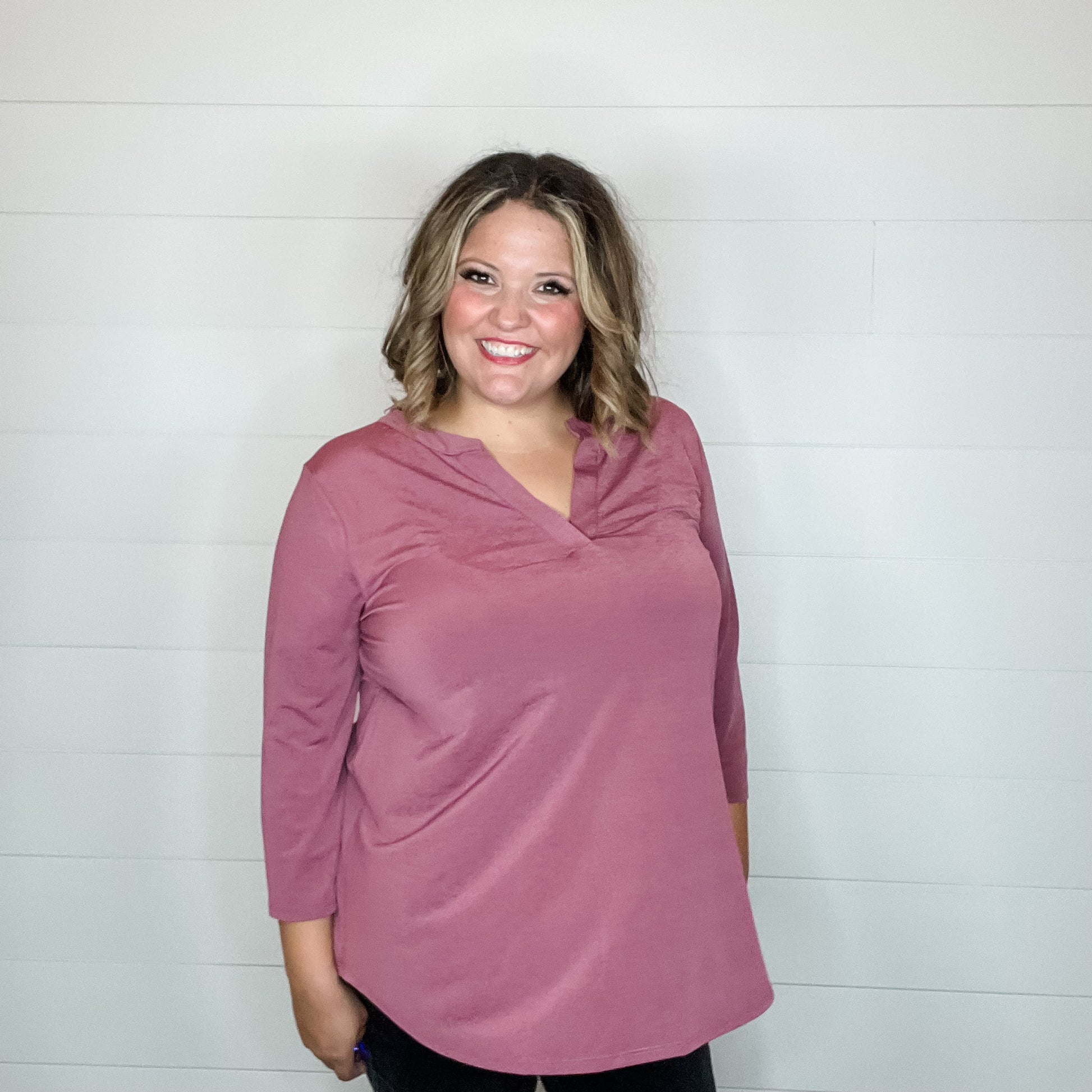 "Oh We Did" 3/4 Sleeve Split Neck (Dark Mauve)